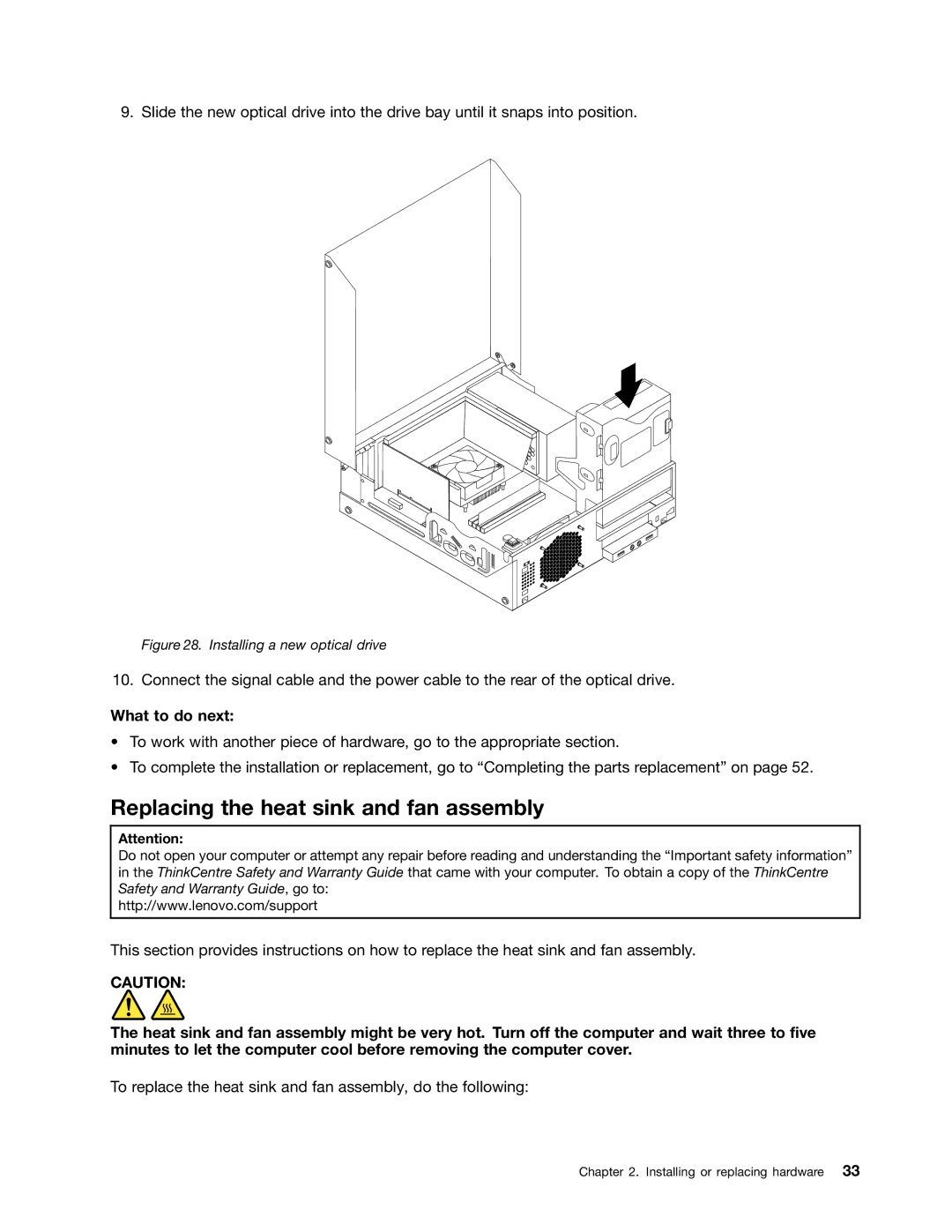 Lenovo 3126, 3120, 3122, 3128 manual Replacing the heat sink and fan assembly, Installing a new optical drive 