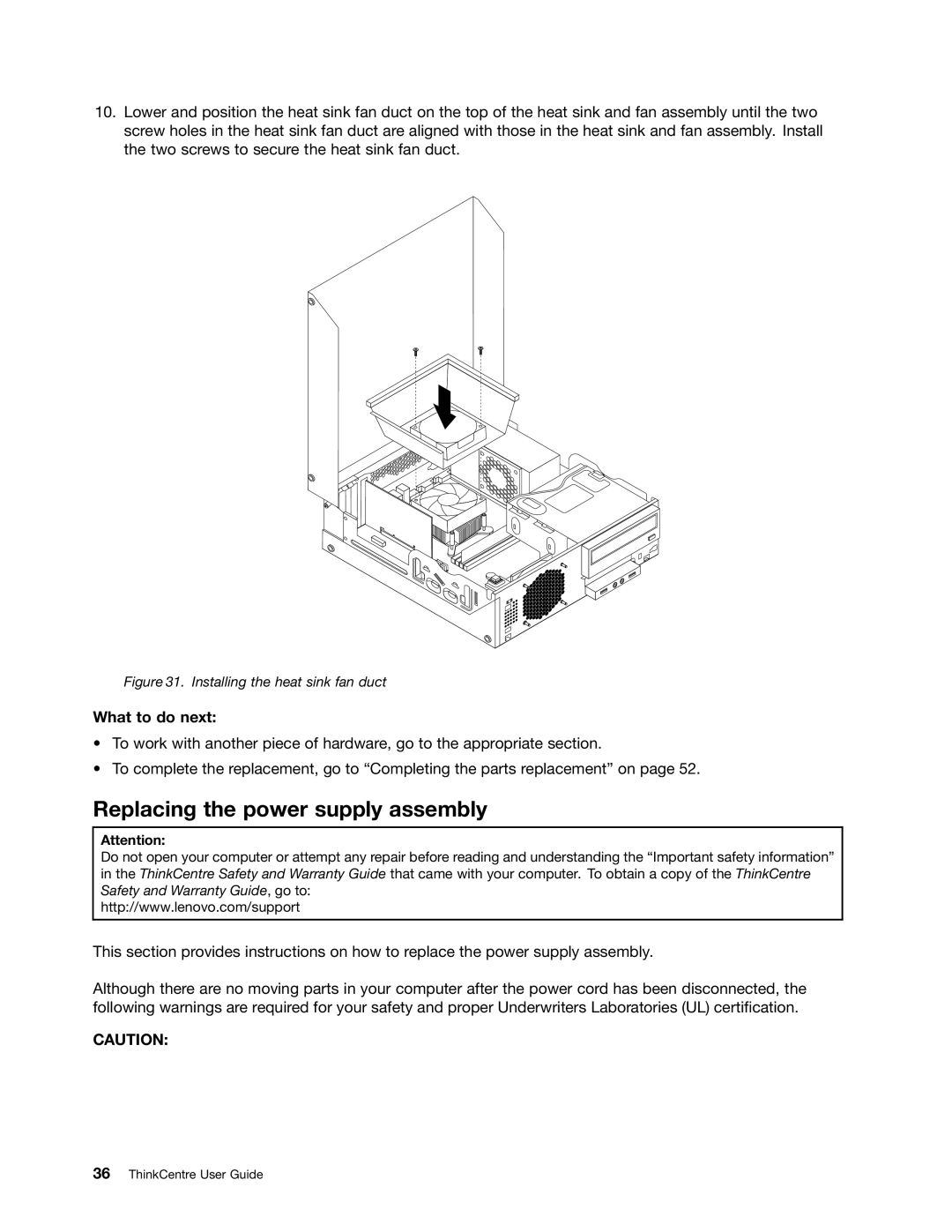 Lenovo 3128, 3120, 3122, 3126 manual Replacing the power supply assembly, Installing the heat sink fan duct 