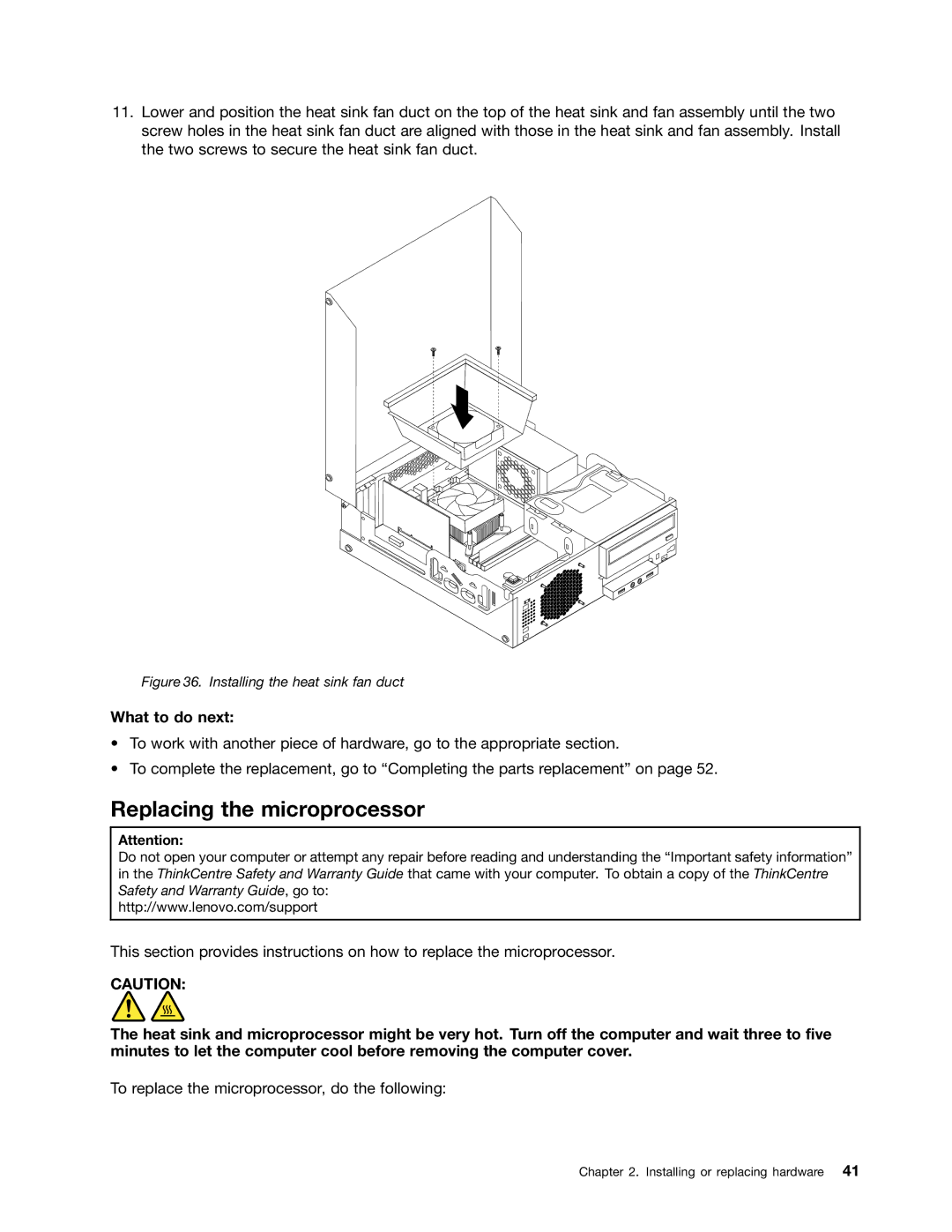 Lenovo 3126, 3120, 3122, 3128 manual Replacing the microprocessor, Installing the heat sink fan duct 