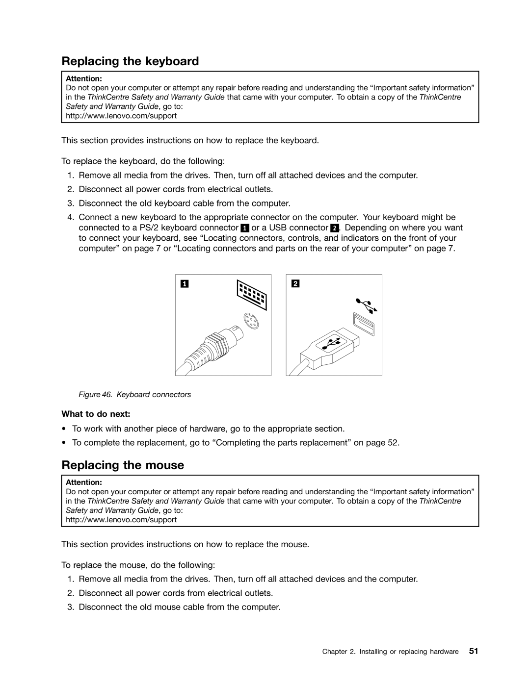 Lenovo 3122, 3120, 3128, 3126 manual Replacing the keyboard, Replacing the mouse 