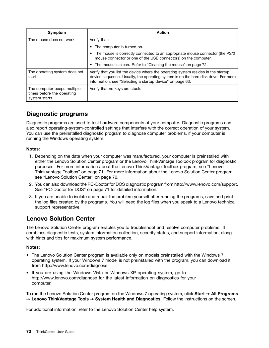 Lenovo 3120, 3122, 3128, 3126 manual Diagnostic programs, Lenovo Solution Center 