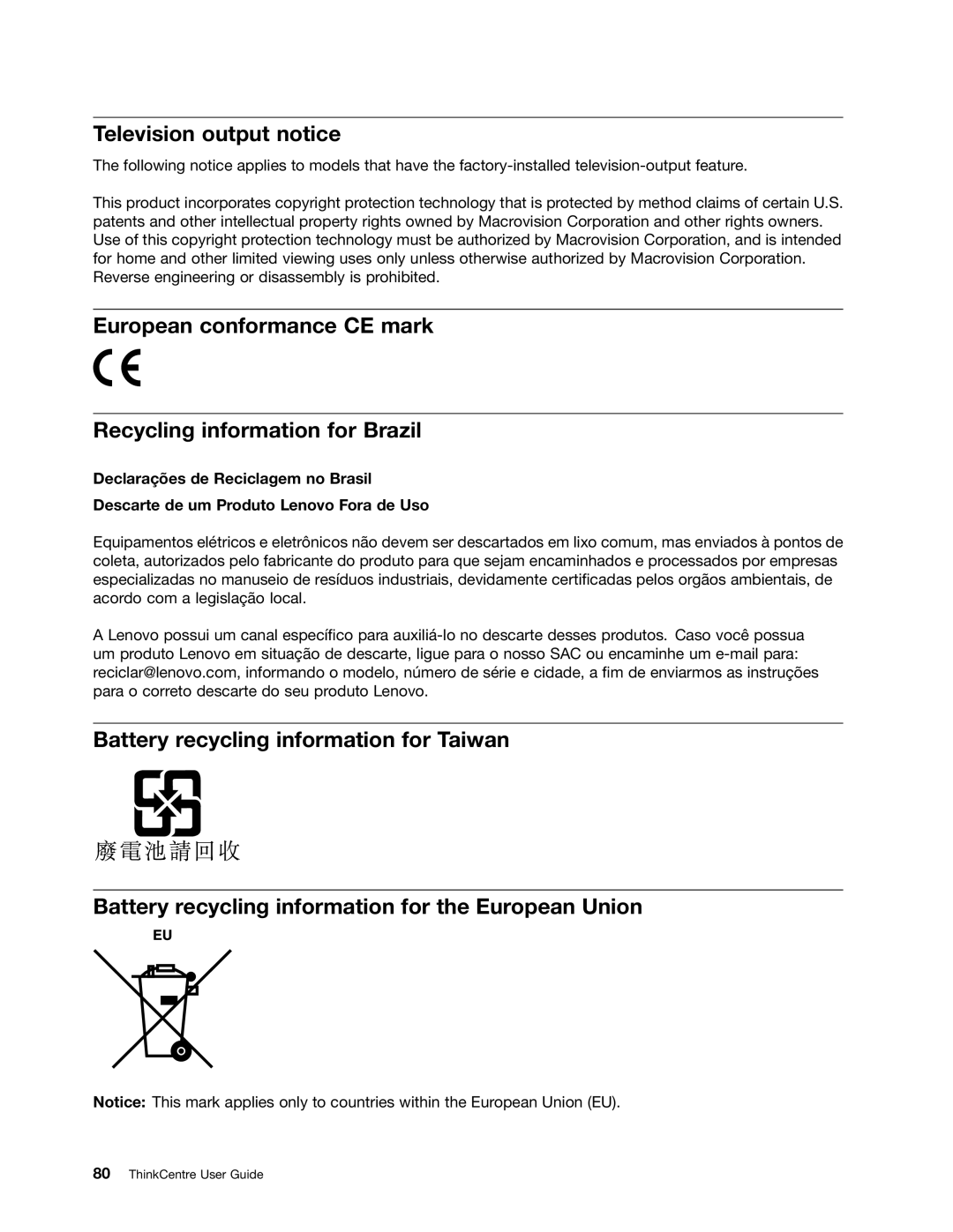 Lenovo 3128, 3120, 3122, 3126 manual Television output notice 