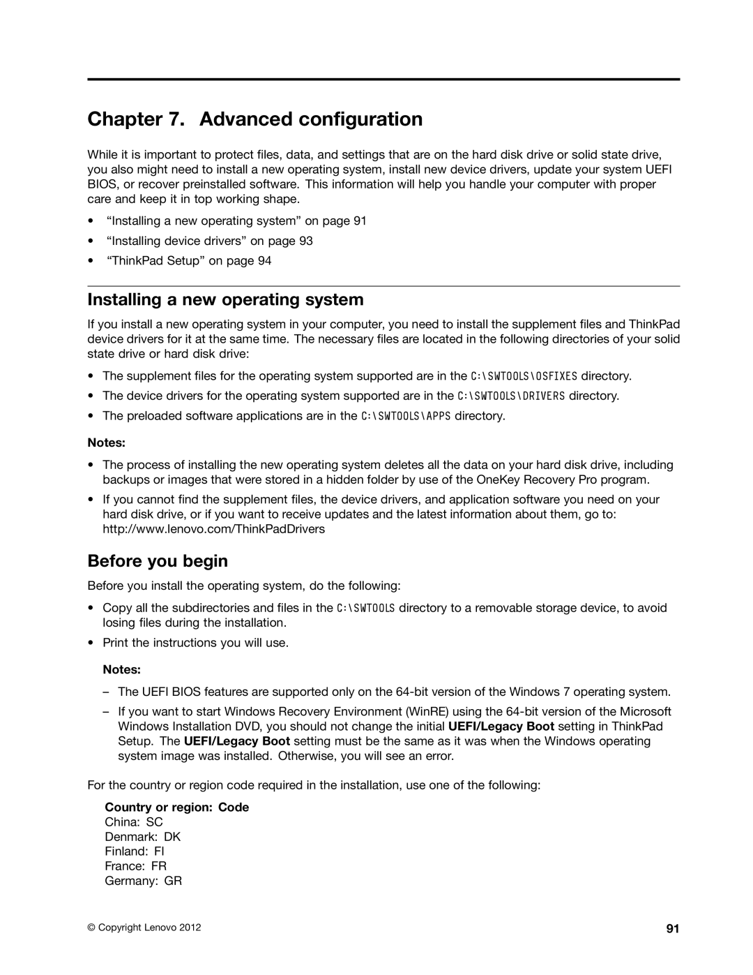 Lenovo 336655U manual Advanced configuration, Installing a new operating system, Before you begin, Country or region Code 