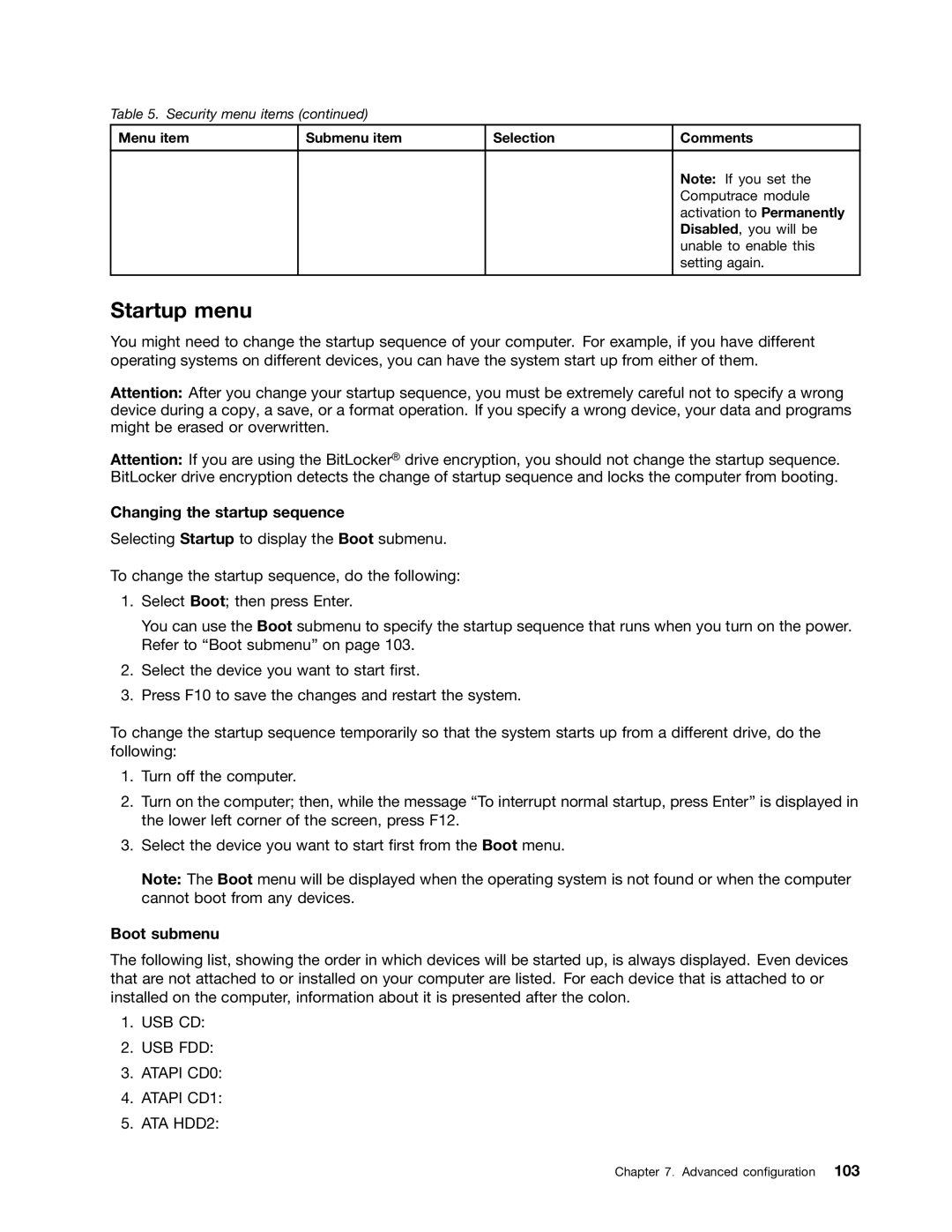 Lenovo 336655U, 3259AD9 manual Startup menu, Changing the startup sequence, Boot submenu 