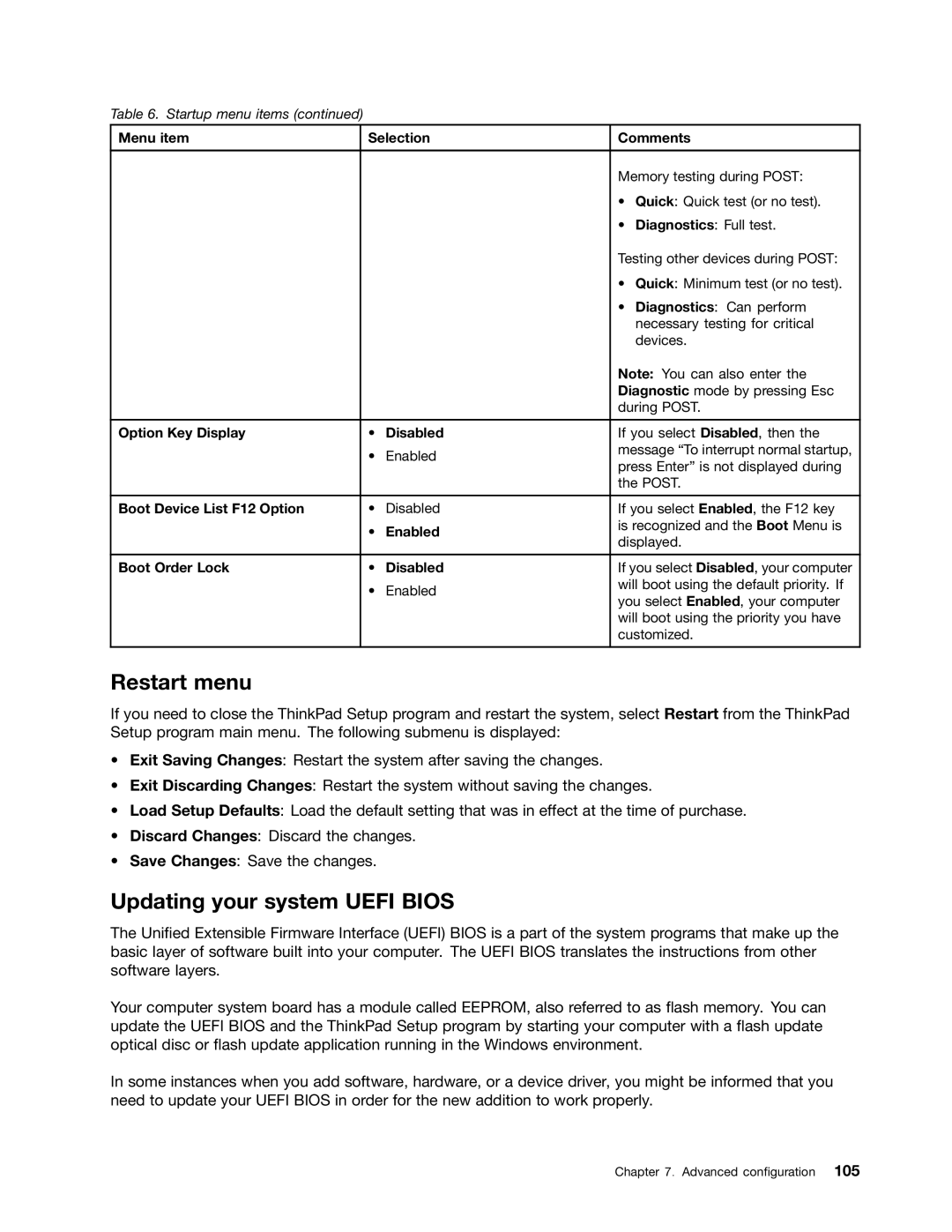 Lenovo 336655U, 3259AD9 manual Restart menu, Updating your system Uefi Bios 