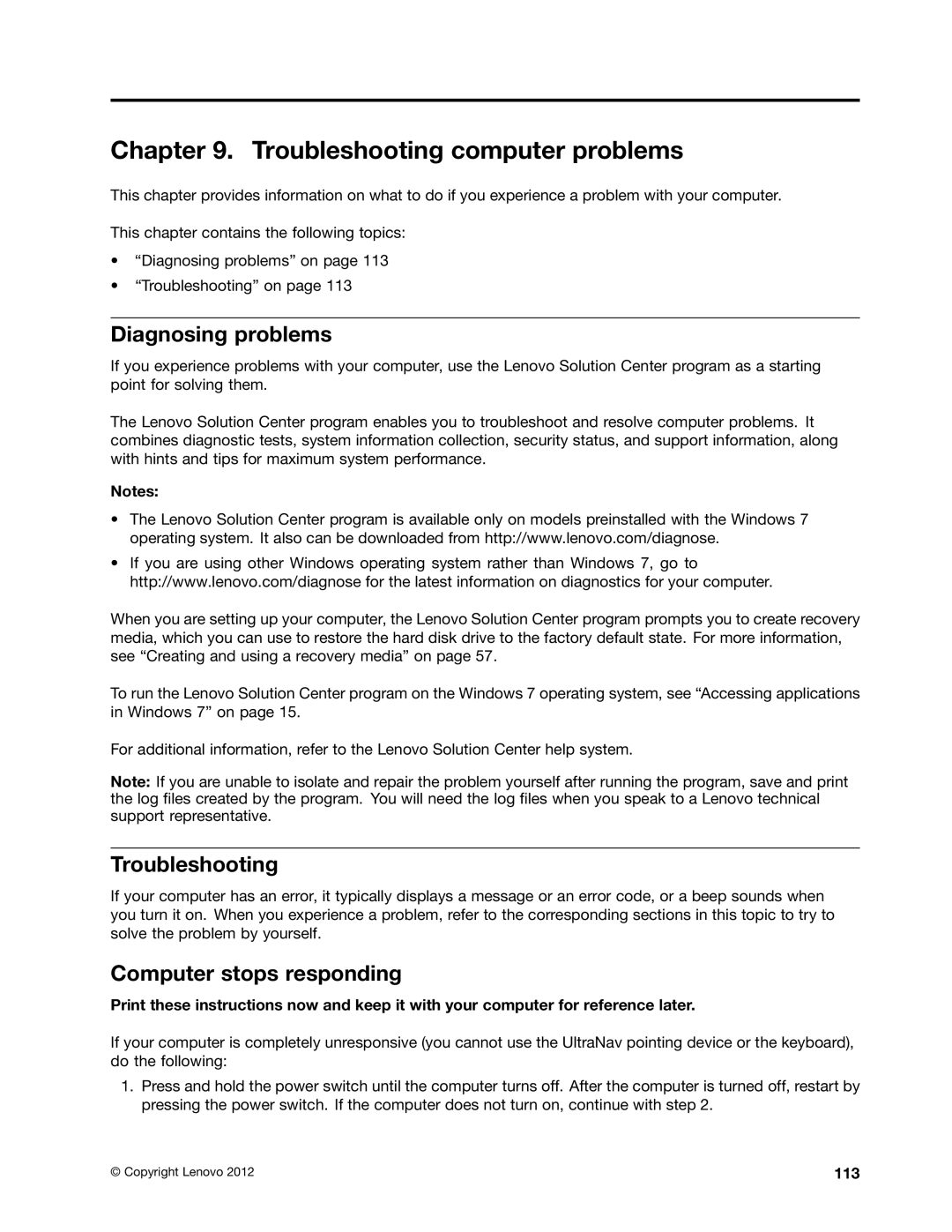 Lenovo 336655U, 3259AD9 manual Troubleshooting computer problems, Diagnosing problems, Computer stops responding, 113 