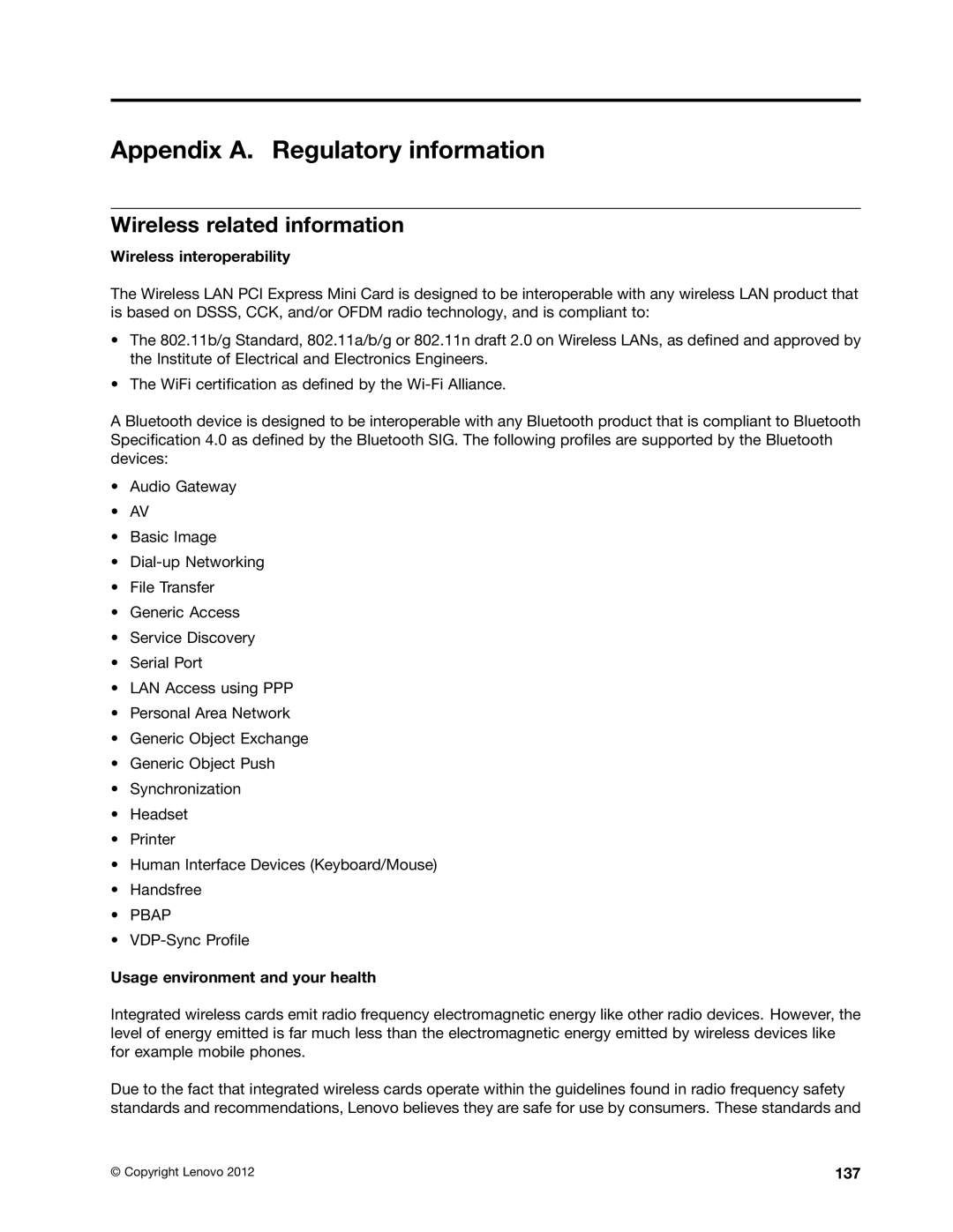 Lenovo 336655U, 3259AD9 Appendix A. Regulatory information, Wireless related information, Wireless interoperability, 137 