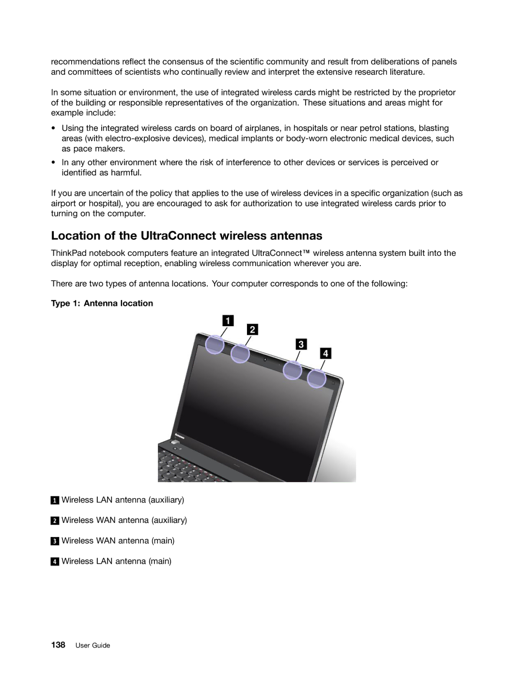 Lenovo 3259AD9, 336655U manual Location of the UltraConnect wireless antennas, Type 1 Antenna location 