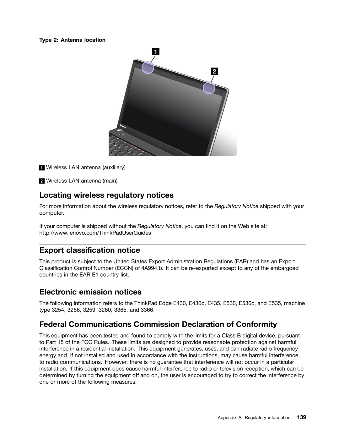 Lenovo 336655U, 3259AD9 Locating wireless regulatory notices, Export classification notice, Electronic emission notices 