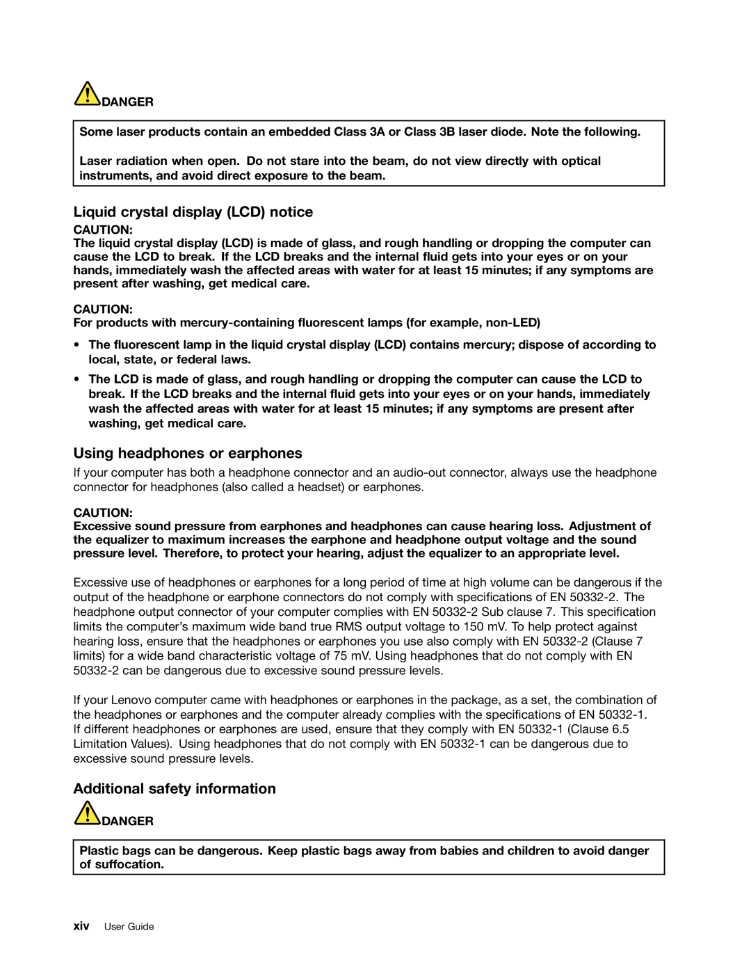 Lenovo 3259AD9, 336655U Liquid crystal display LCD notice, Using headphones or earphones, Additional safety information 