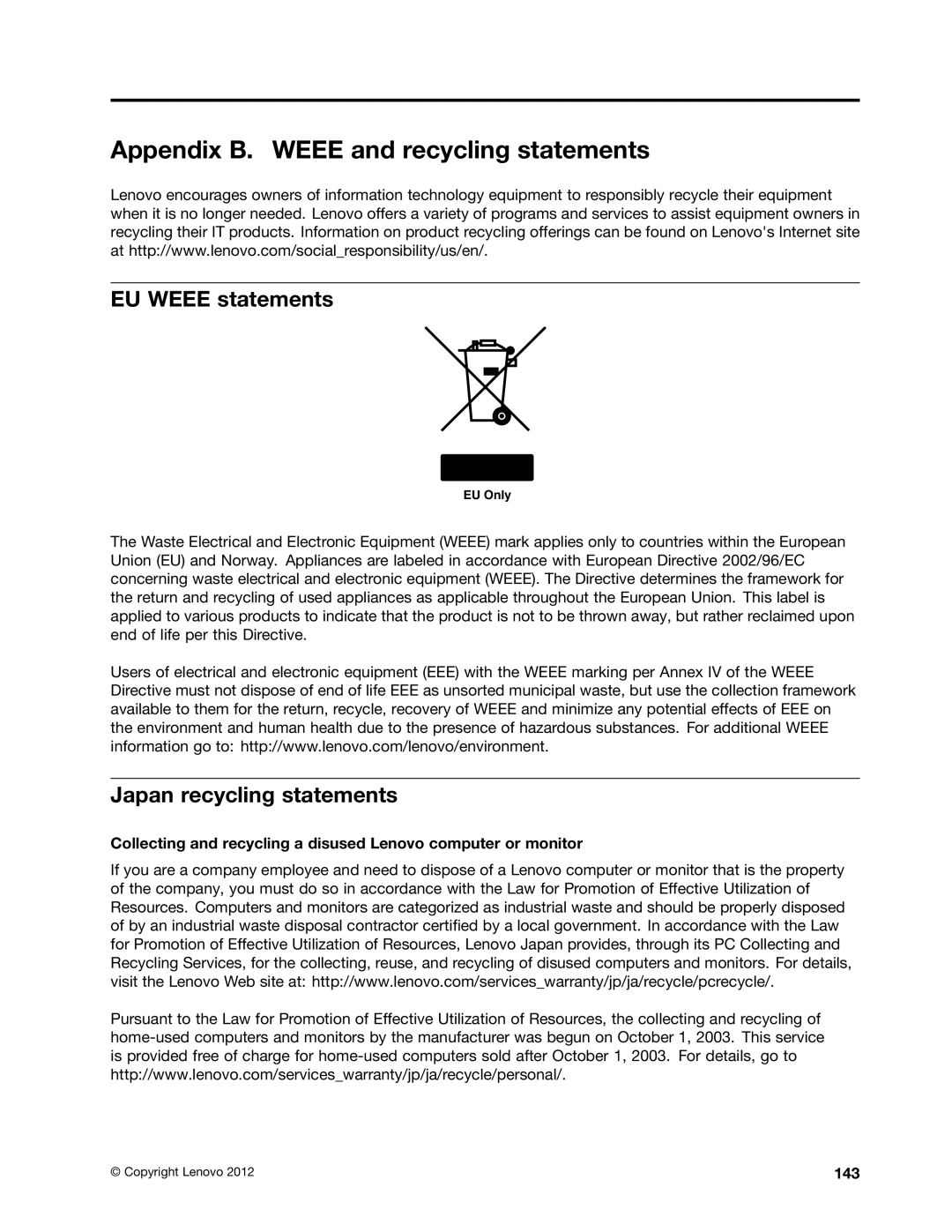 Lenovo 336655U, 3259AD9 Appendix B. Weee and recycling statements, EU Weee statements, Japan recycling statements, 143 