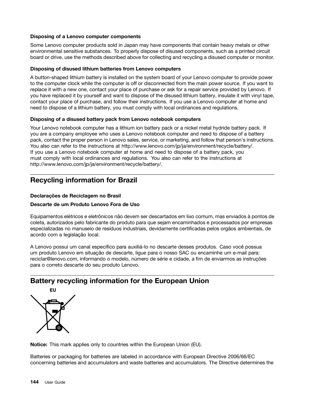 Lenovo 3259AD9, 336655U manual Recycling information for Brazil, Battery recycling information for the European Union 