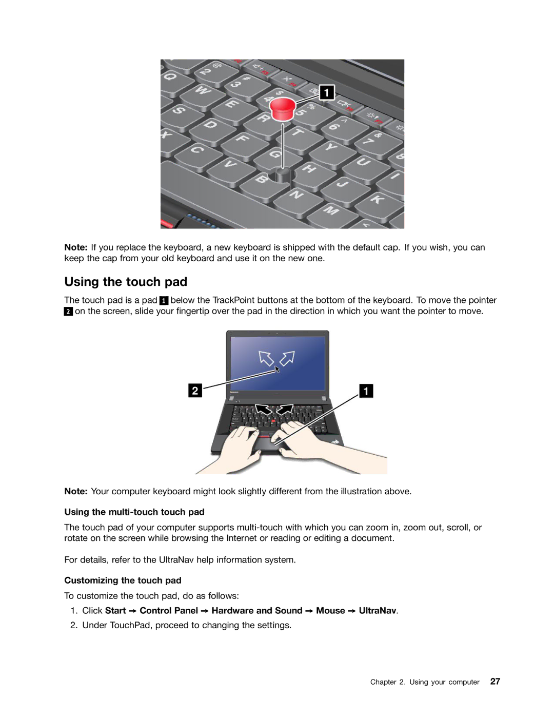 Lenovo 336655U, 3259AD9 manual Using the touch pad, Using the multi-touch touch pad, Customizing the touch pad 