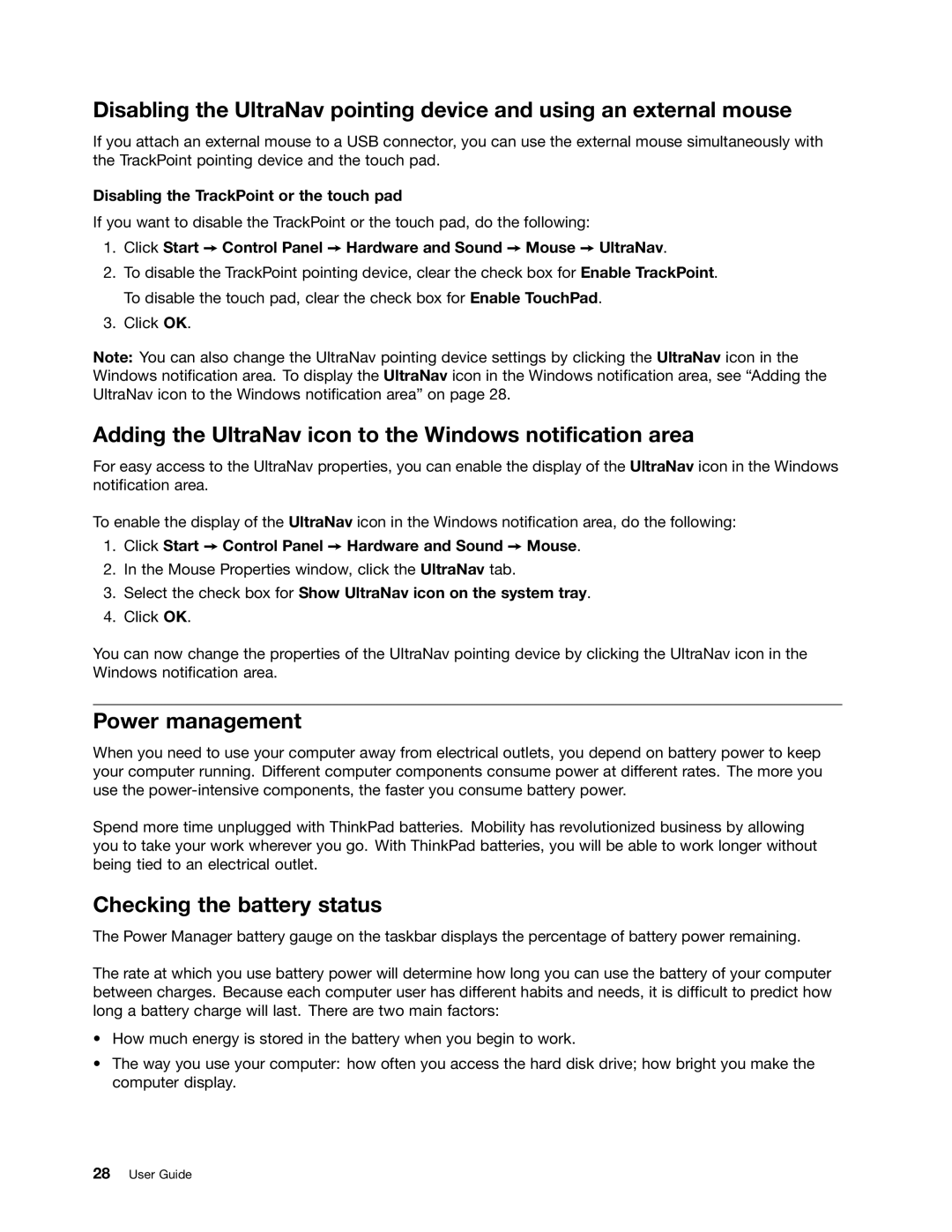 Lenovo 3259AD9 Adding the UltraNav icon to the Windows notification area, Power management, Checking the battery status 