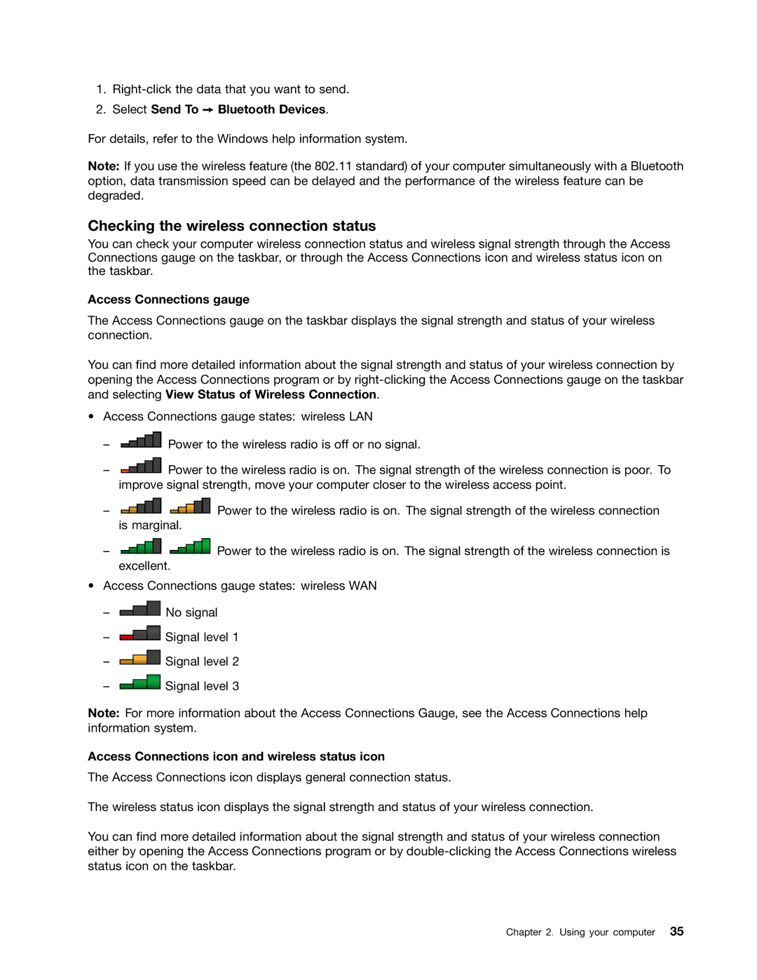 Lenovo 336655U manual Checking the wireless connection status, Select Send To Bluetooth Devices, Access Connections gauge 