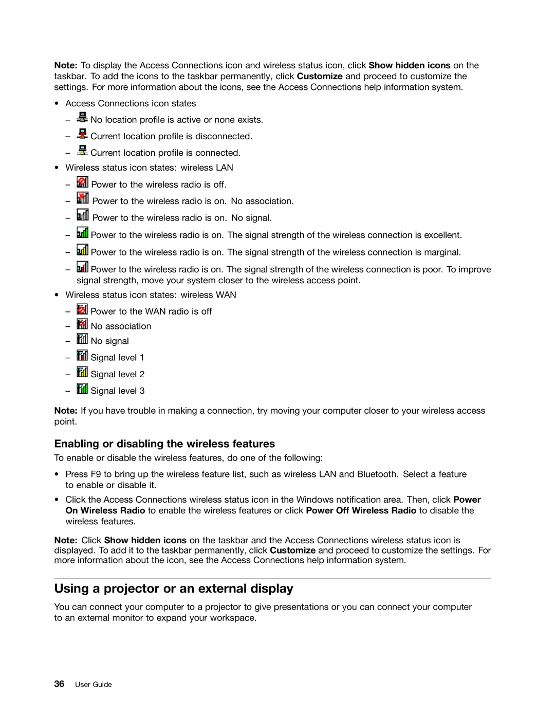 Lenovo 3259AD9, 336655U manual Using a projector or an external display, Enabling or disabling the wireless features 