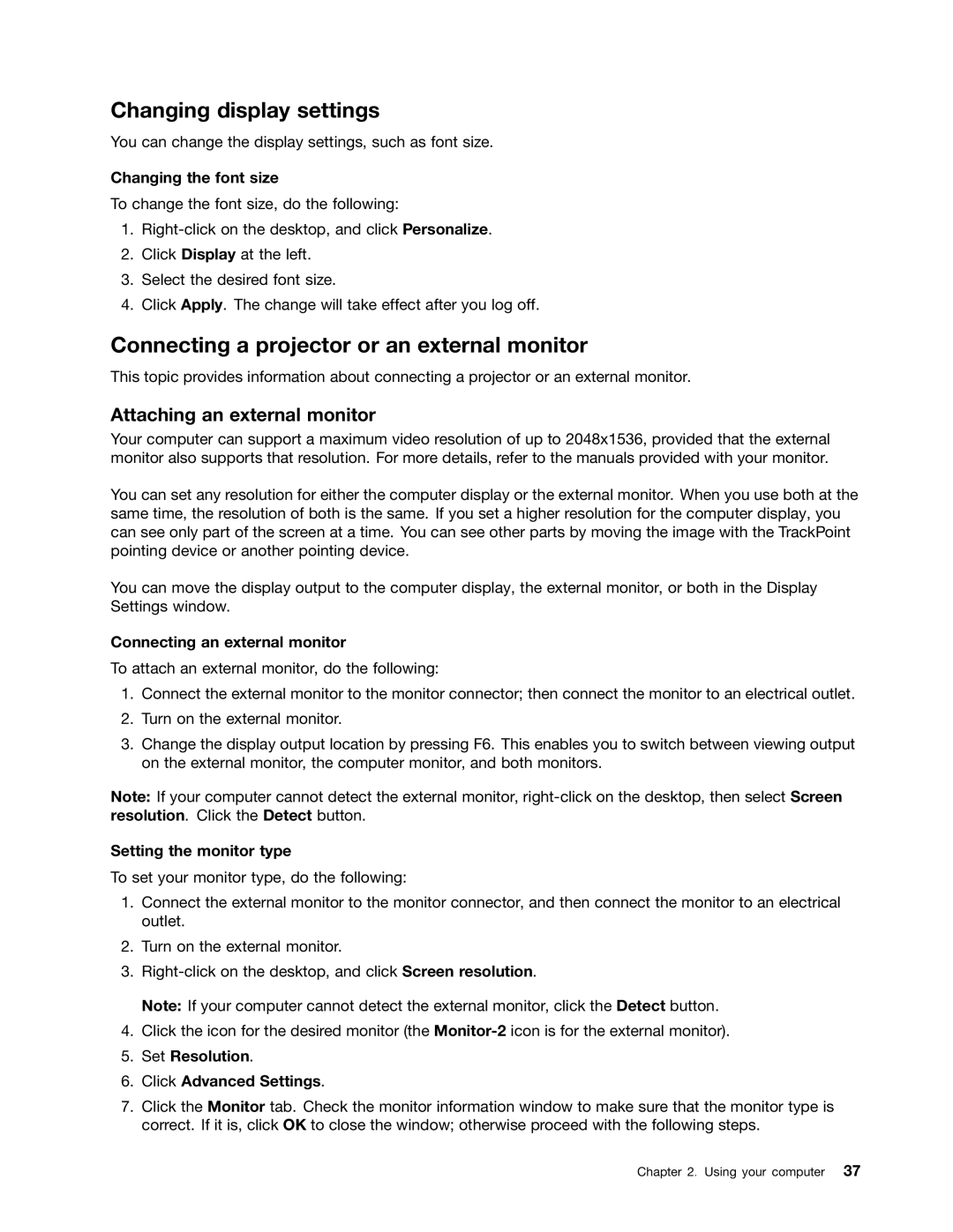 Lenovo 336655U Changing display settings, Connecting a projector or an external monitor, Attaching an external monitor 