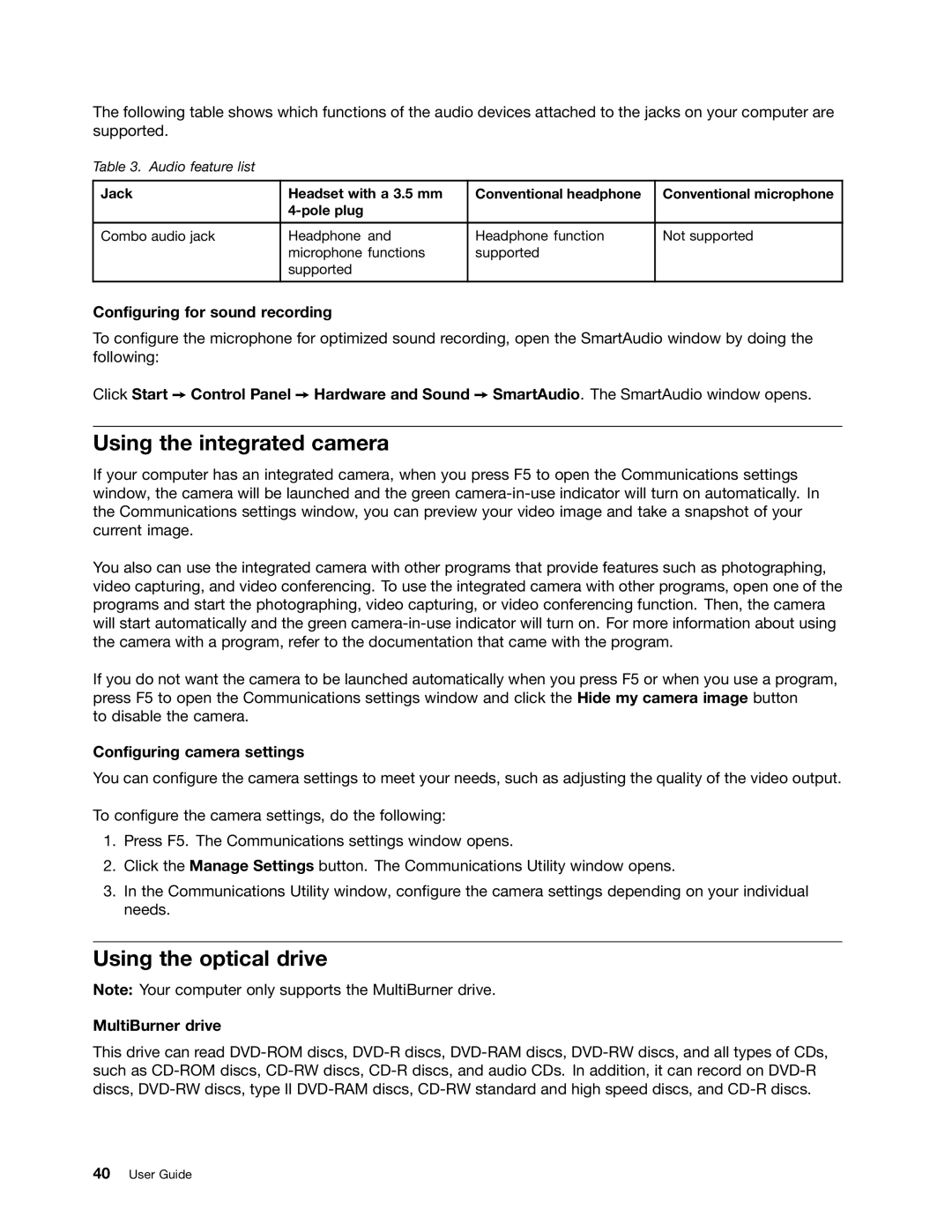 Lenovo 3259AD9 Using the integrated camera, Using the optical drive, Configuring for sound recording, MultiBurner drive 