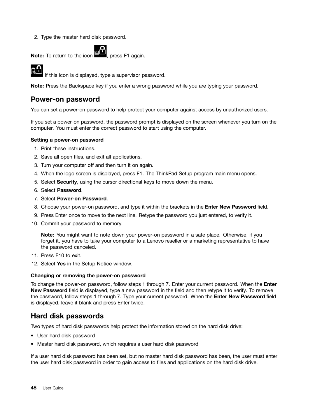 Lenovo 3259AD9, 336655U manual Power-on password, Hard disk passwords, Setting a power-on password, Select Power-on Password 