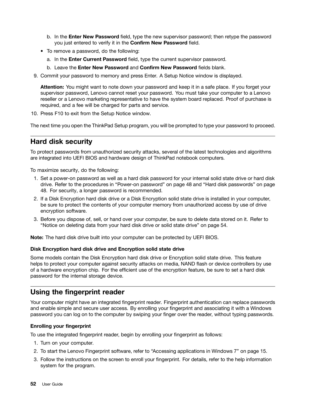 Lenovo 3259AD9, 336655U manual Hard disk security, Using the fingerprint reader, Enrolling your fingerprint 