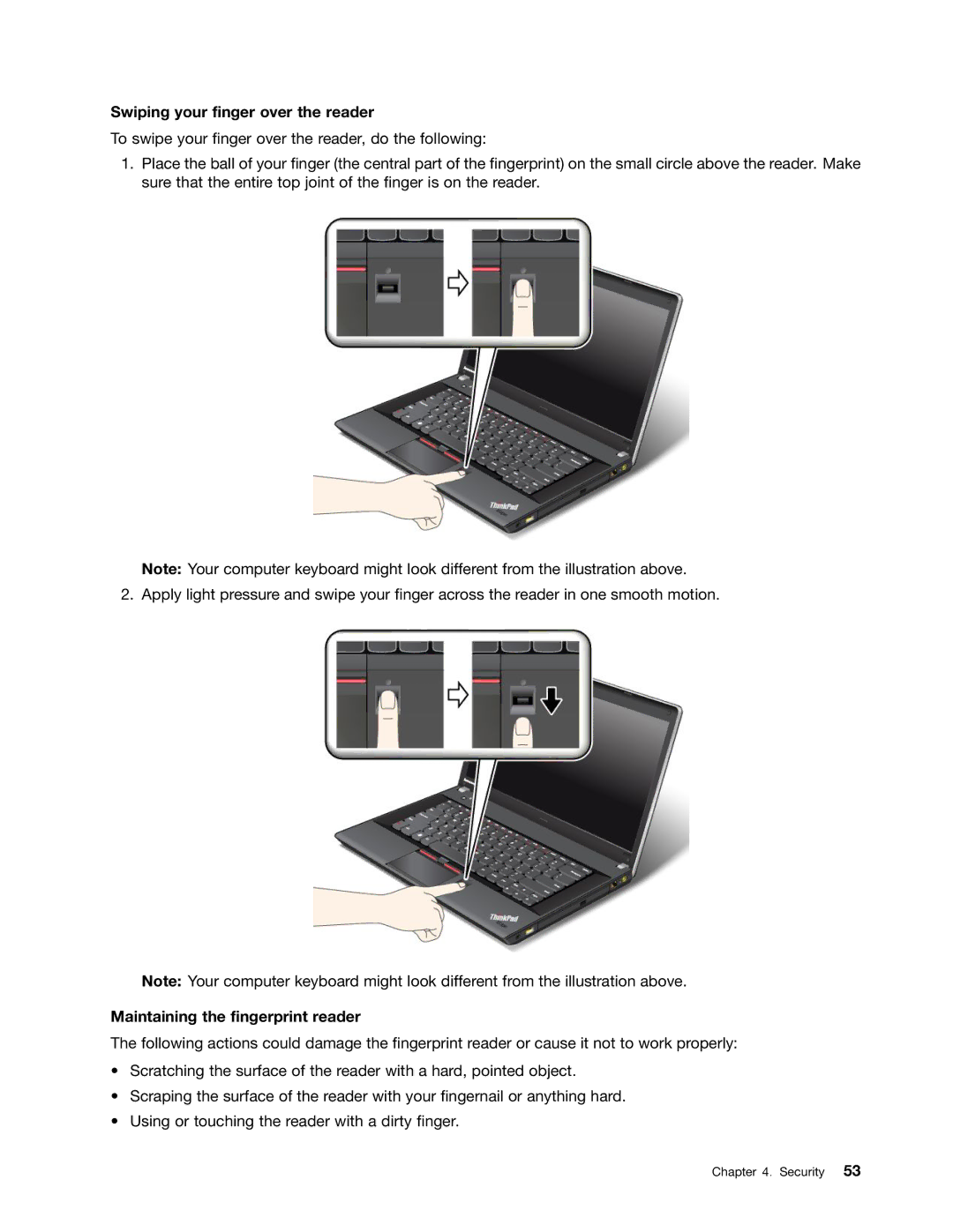 Lenovo 336655U, 3259AD9 manual Swiping your finger over the reader, Maintaining the fingerprint reader 