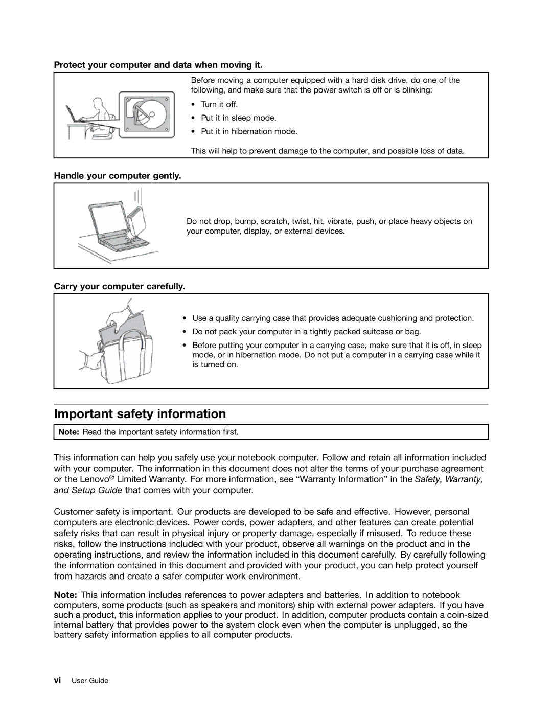 Lenovo 3259AD9 Important safety information, Protect your computer and data when moving it, Handle your computer gently 