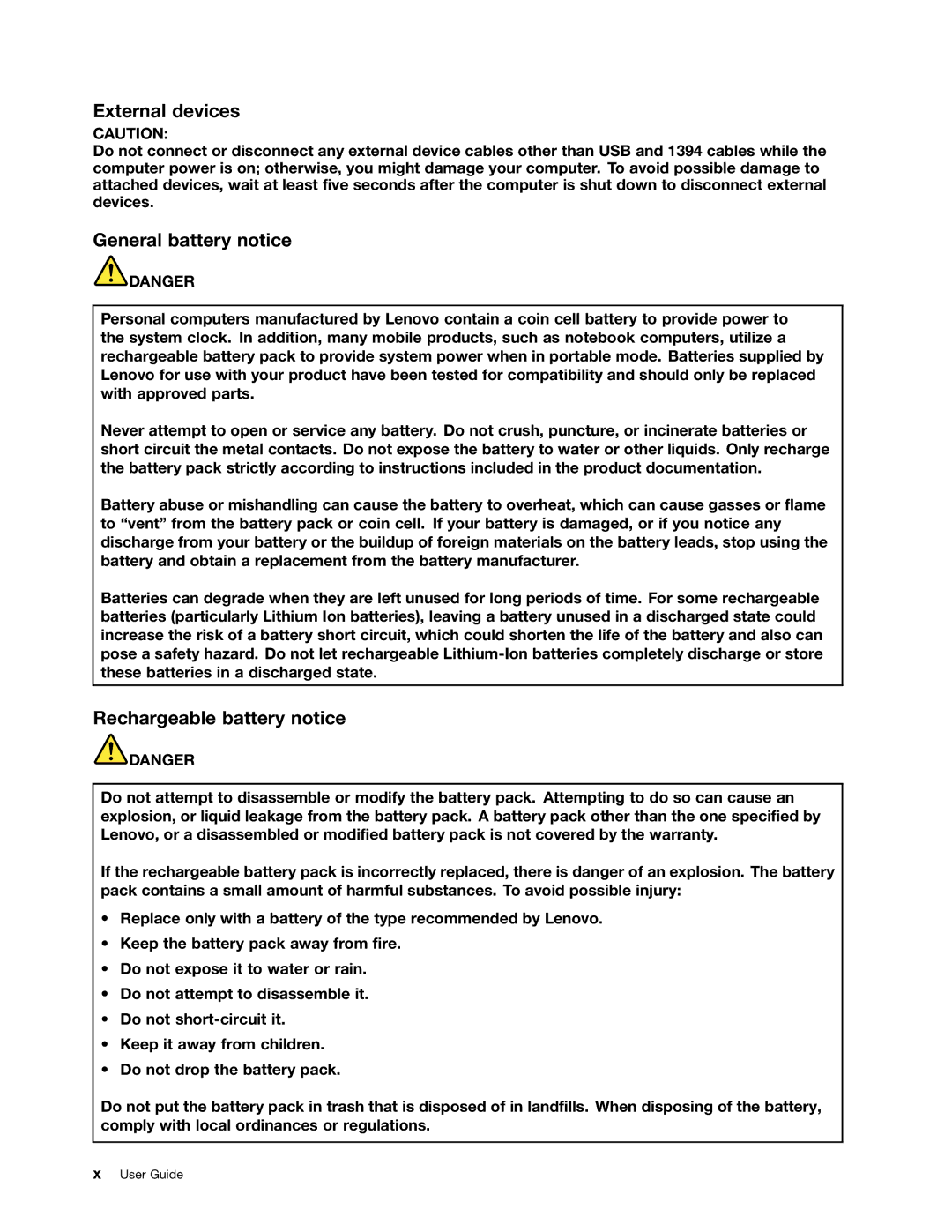 Lenovo 32605TS, 3484BGU, E435, E430, E530c, E535 manual External devices, General battery notice, Rechargeable battery notice 