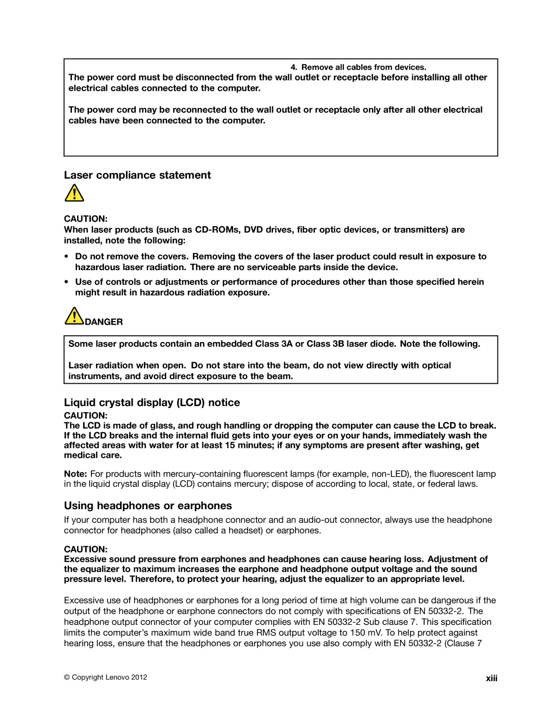 Lenovo 627156U, 32605TS Laser compliance statement, Liquid crystal display LCD notice, Using headphones or earphones, Xiii 