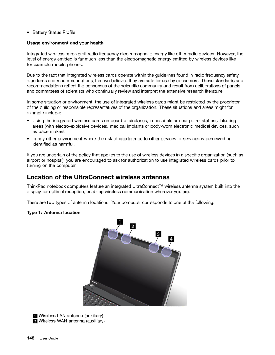 Lenovo E530 Location of the UltraConnect wireless antennas, Usage environment and your health, Type 1 Antenna location 