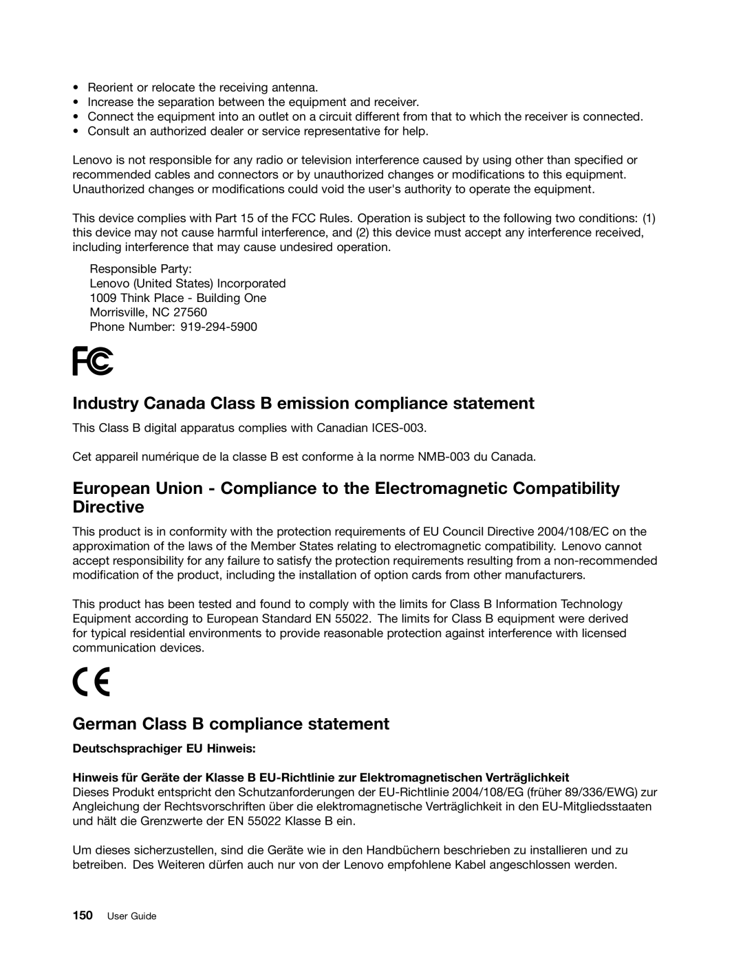 Lenovo E535, 32605TS, 3484BGU Industry Canada Class B emission compliance statement, German Class B compliance statement 