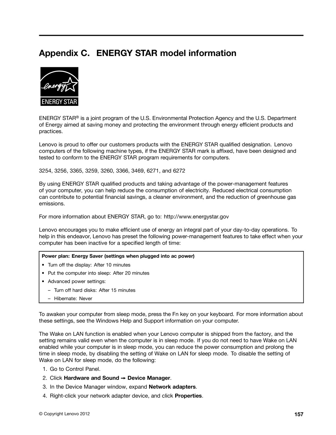 Lenovo E530c, 32605TS, 3484BGU, E435 Appendix C. Energy Star model information, Click Hardware and Sound Device Manager, 157 