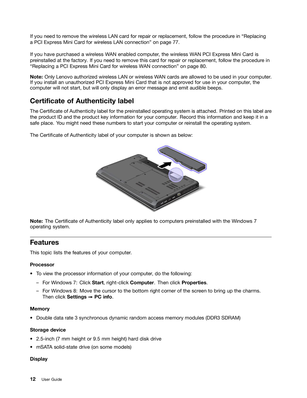 Lenovo 32605TS, 3484BGU, E435, E430, E530c, E535, 627156U manual Certificate of Authenticity label, Features 