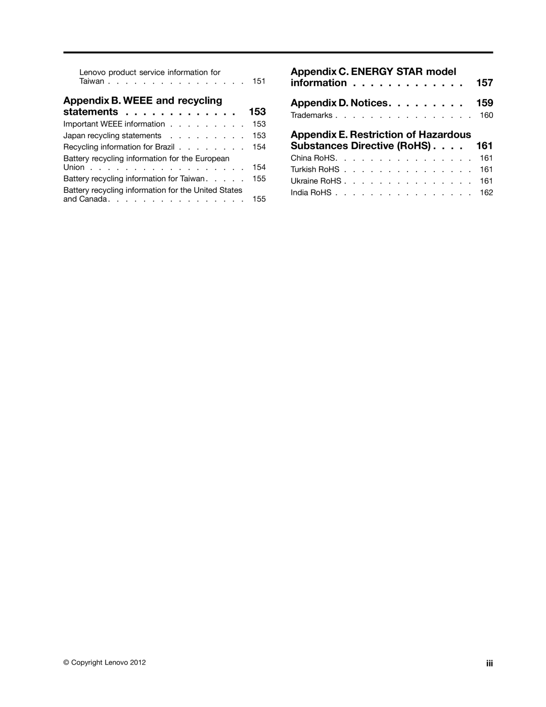 Lenovo E530c, 32605TS, 3484BGU, E435, E430, E535, 627156U manual Appendix B. Weee and recycling statements, Iii 