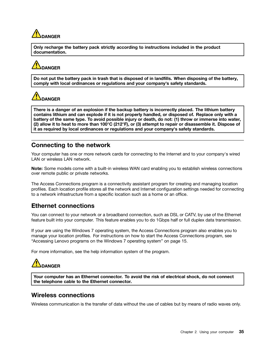 Lenovo E430, 32605TS, 3484BGU, E435, E530c, E535 manual Connecting to the network, Ethernet connections, Wireless connections 