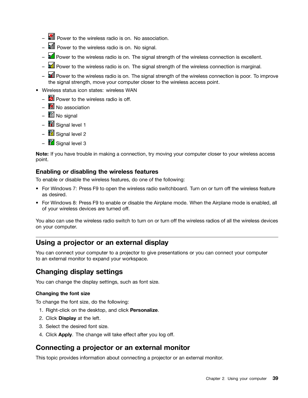 Lenovo 627156U, 32605TS, E435 Using a projector or an external display, Changing display settings, Changing the font size 