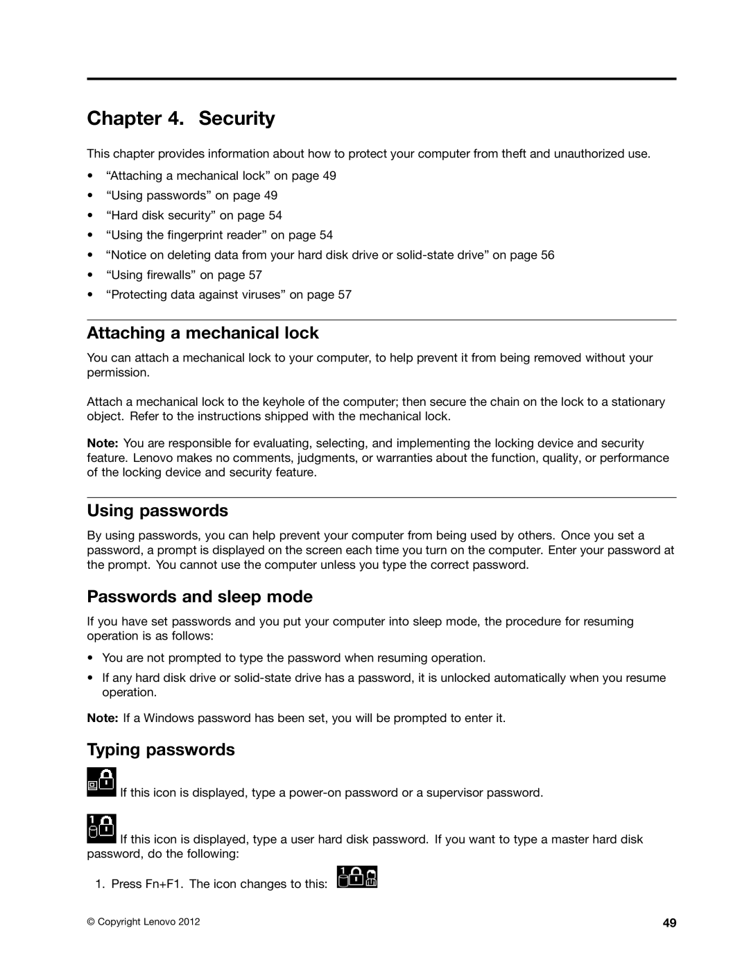 Lenovo 3484BGU, 32605TS Security, Attaching a mechanical lock, Using passwords, Passwords and sleep mode, Typing passwords 