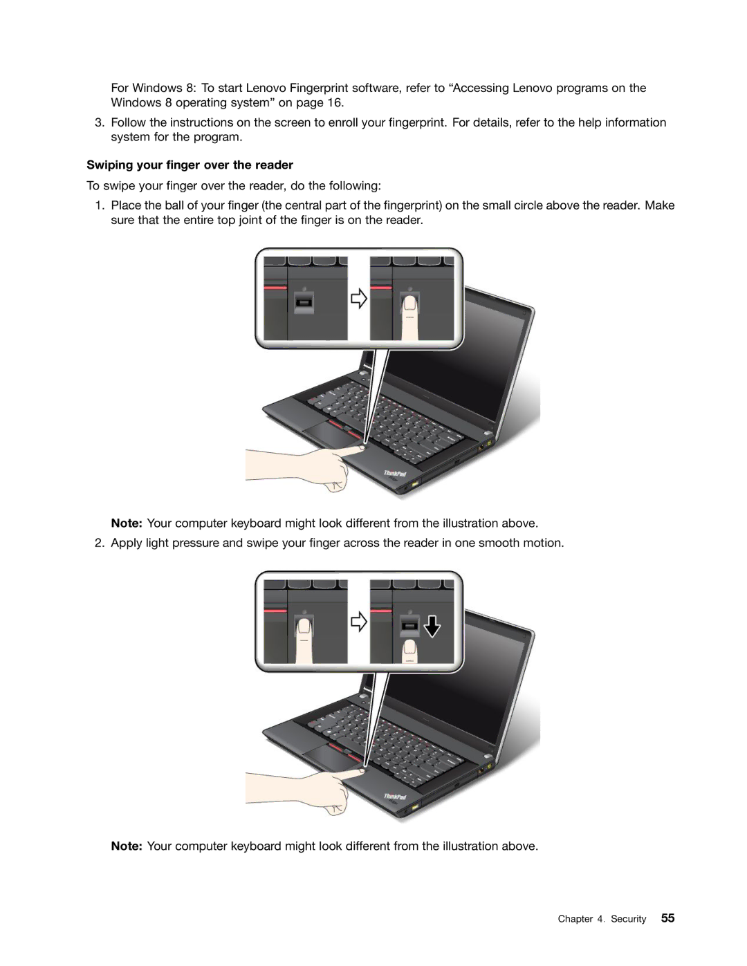 Lenovo 627156U, 32605TS, 3484BGU, E435, E430, E530c, E535 manual Swiping your finger over the reader 