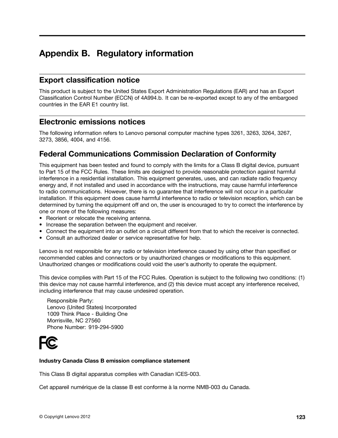 Lenovo 3264, 3267, 3263, 3273 Appendix B. Regulatory information, Export classification notice, Electronic emissions notices 