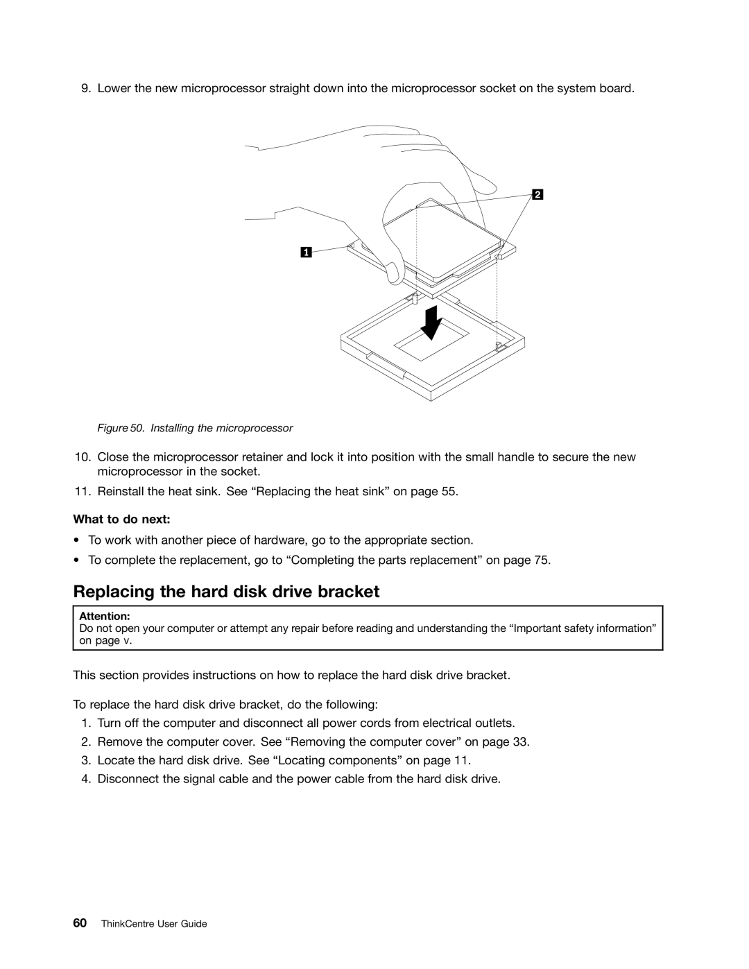 Lenovo 3263, 3267, 3264, 3273, 4156, 4004, 3856, 3261 manual Replacing the hard disk drive bracket, Installing the microprocessor 