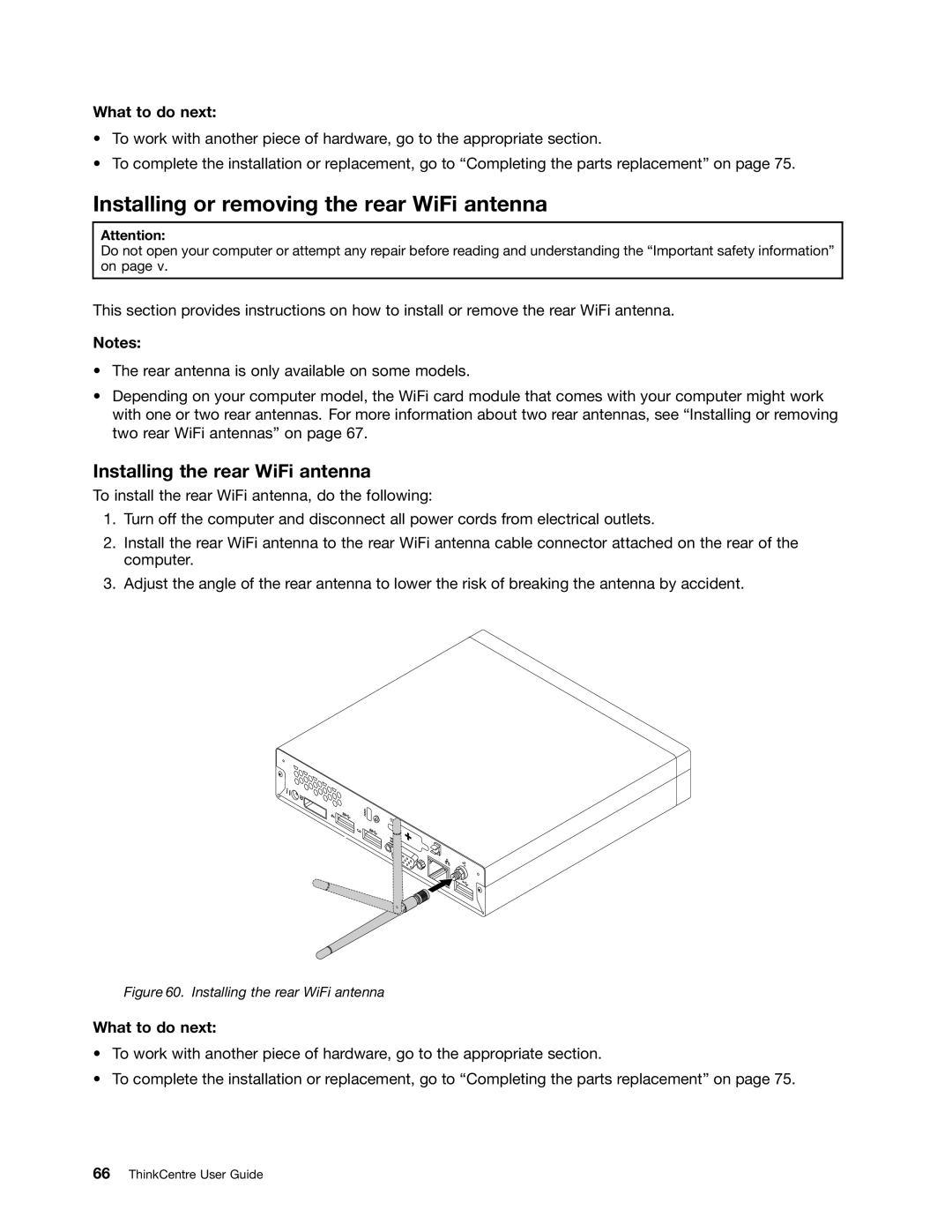 Lenovo 3267, 3264, 3263, 3273, 4156, 4004, 3856 Installing or removing the rear WiFi antenna, Installing the rear WiFi antenna 