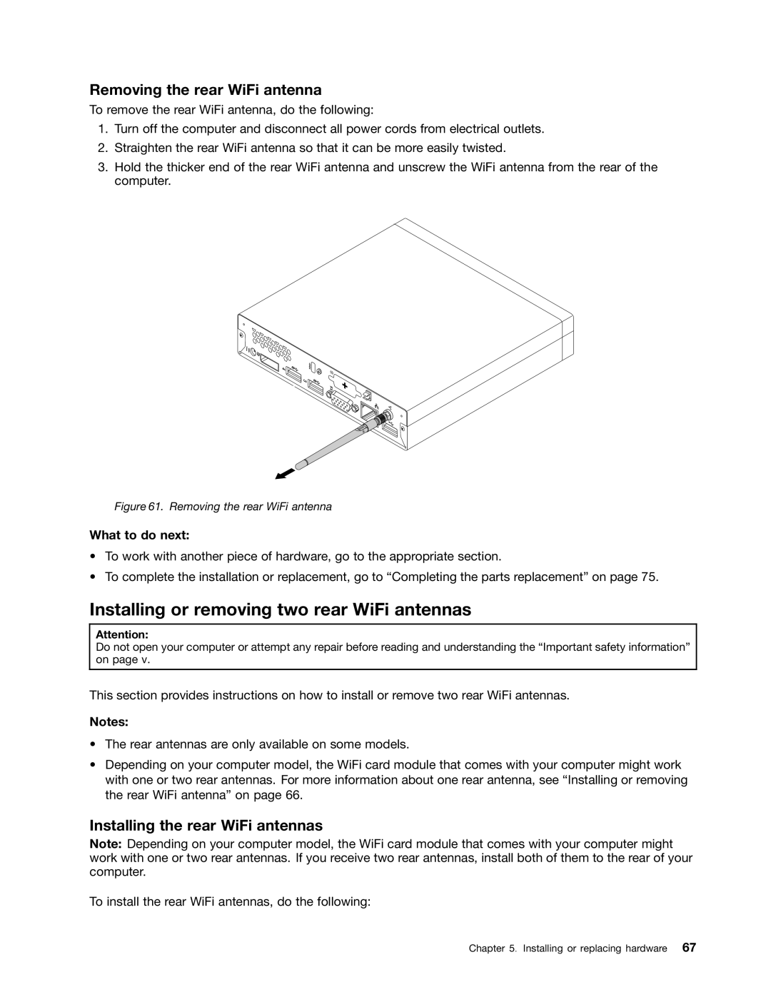 Lenovo 3264, 3267, 3263, 3273, 4156, 4004, 3856 Installing or removing two rear WiFi antennas, Removing the rear WiFi antenna 