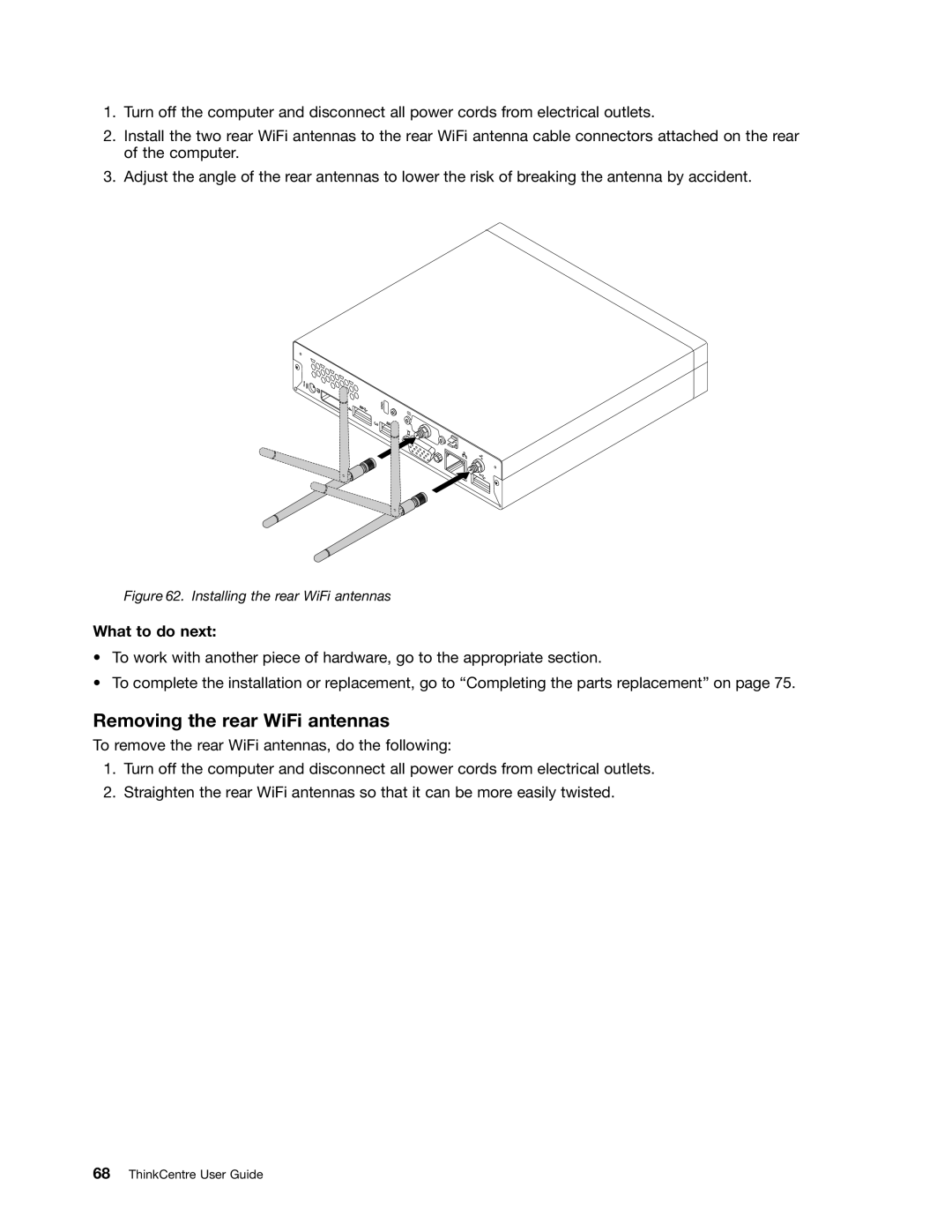 Lenovo 3263, 3267, 3264, 3273, 4156, 4004, 3856, 3261 manual Removing the rear WiFi antennas, Installing the rear WiFi antennas 