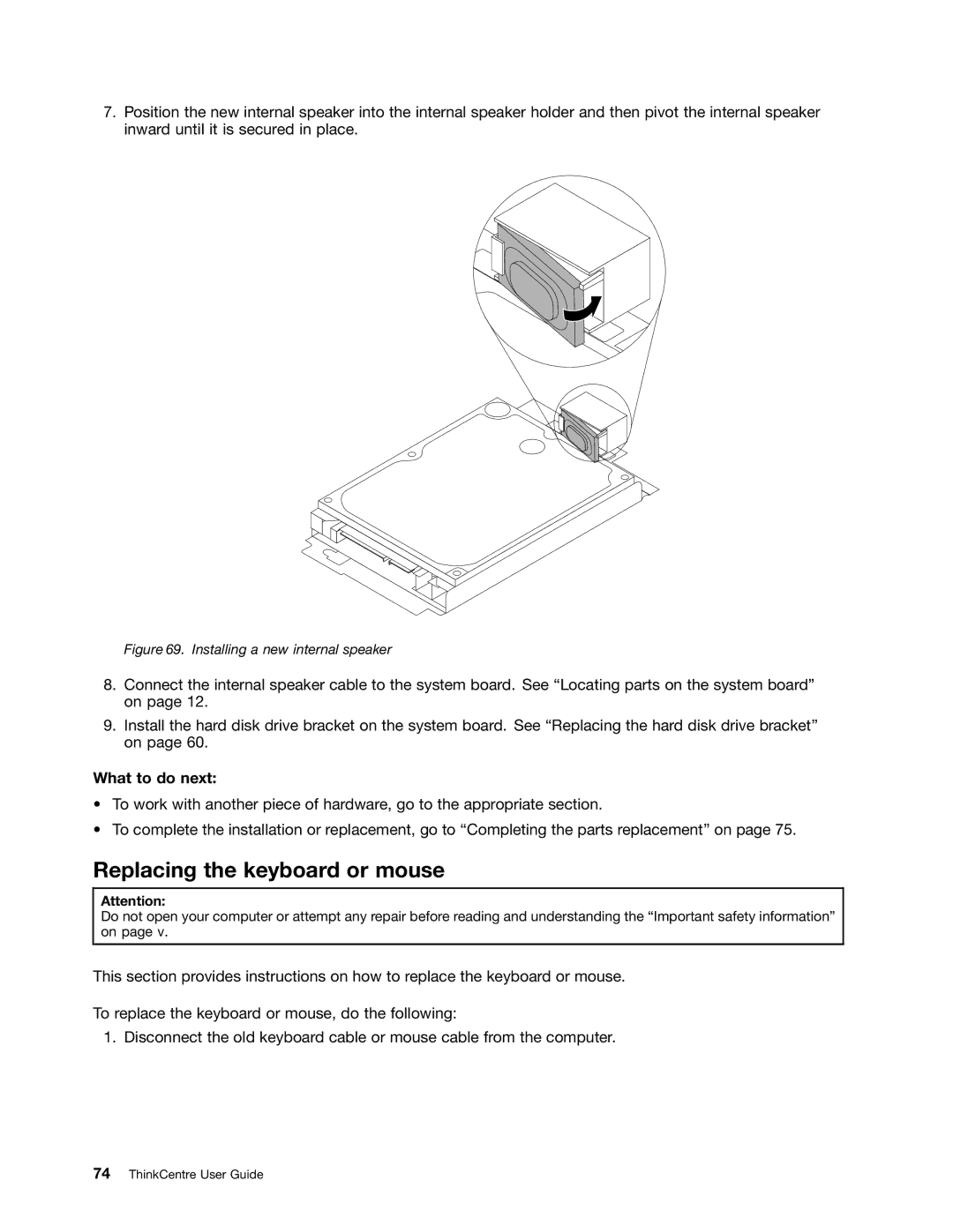 Lenovo 3267, 3264, 3263, 3273, 4156, 4004, 3856, 3261 manual Replacing the keyboard or mouse, Installing a new internal speaker 