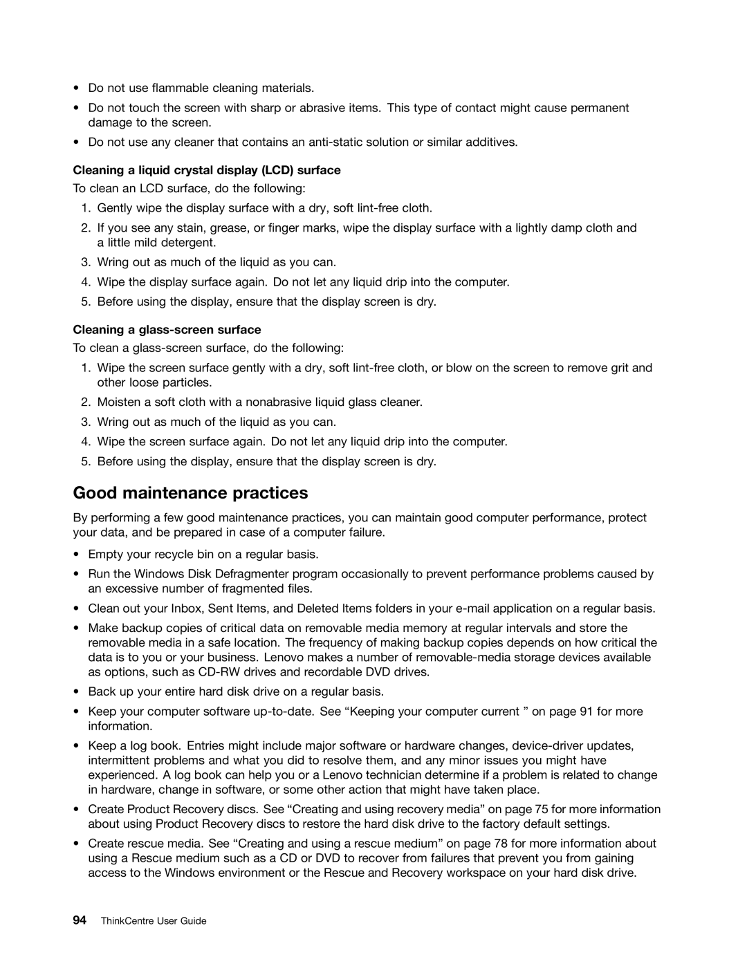 Lenovo 3342 Good maintenance practices, Cleaning a liquid crystal display LCD surface, Cleaning a glass-screen surface 