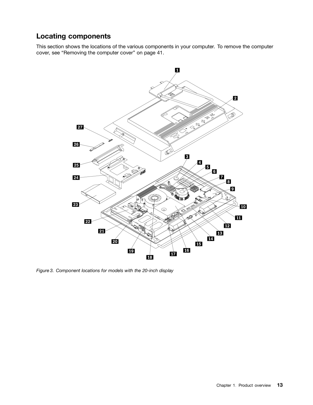 Lenovo 3320, 3281, 3280, 3297, 3305, 3296, 3298 Locating components, Component locations for models with the 20-inch display 