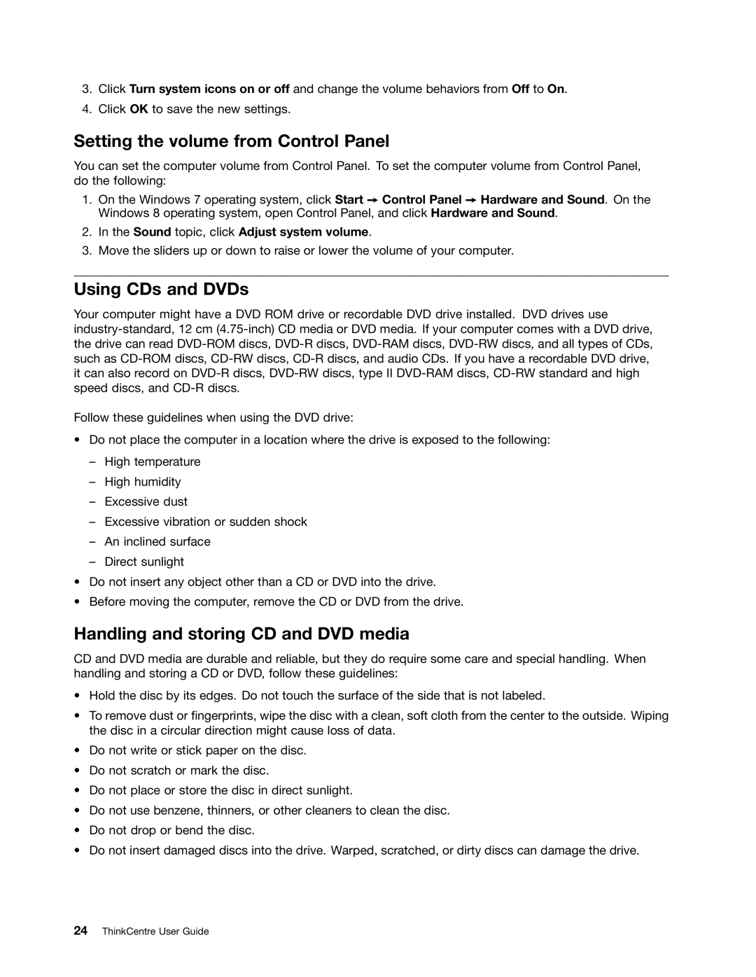 Lenovo 3292, 3281, 3280 Setting the volume from Control Panel, Using CDs and DVDs, Handling and storing CD and DVD media 