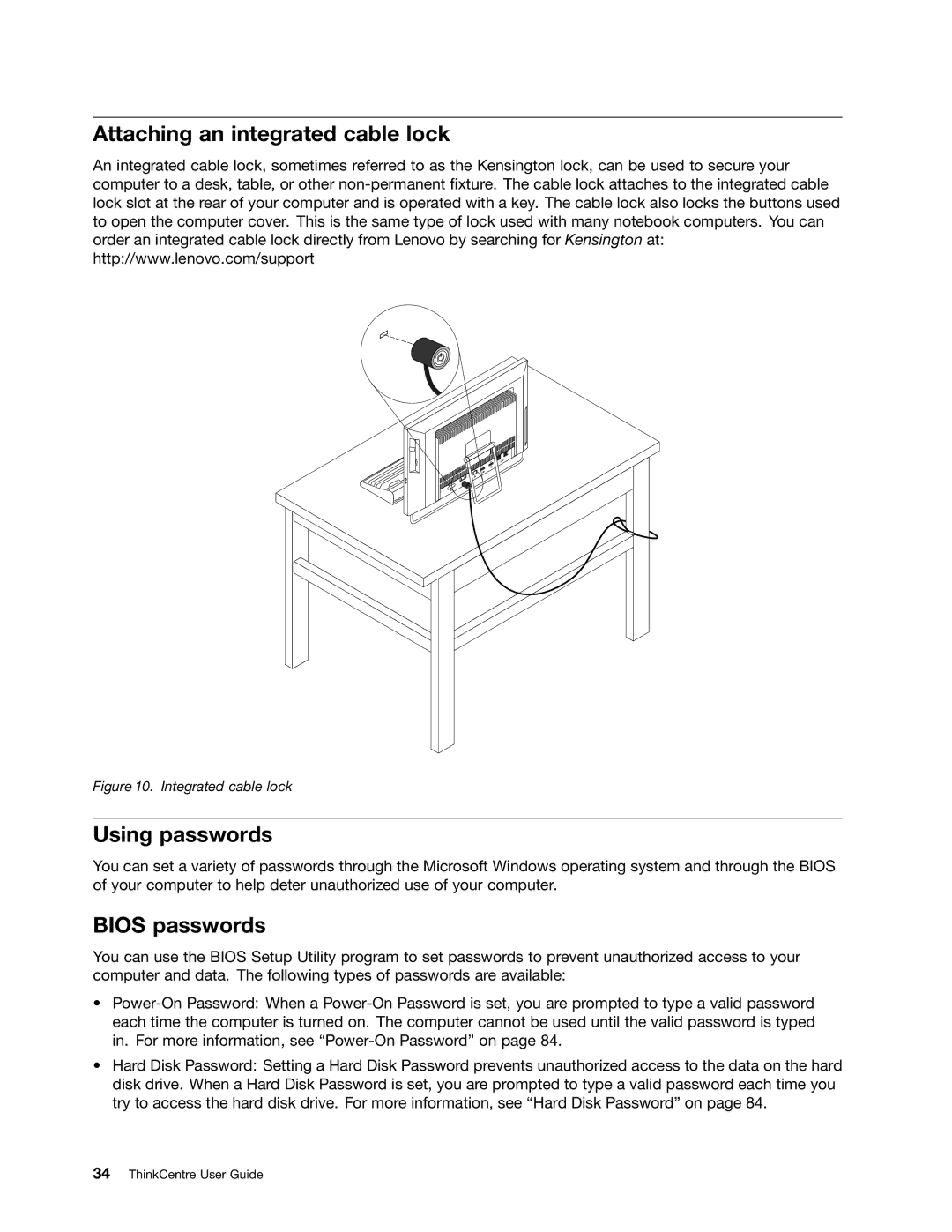 Lenovo 3342, 3281, 3280, 3297, 3305, 3296, 3298, 3292, 3291 Attaching an integrated cable lock, Using passwords, Bios passwords 