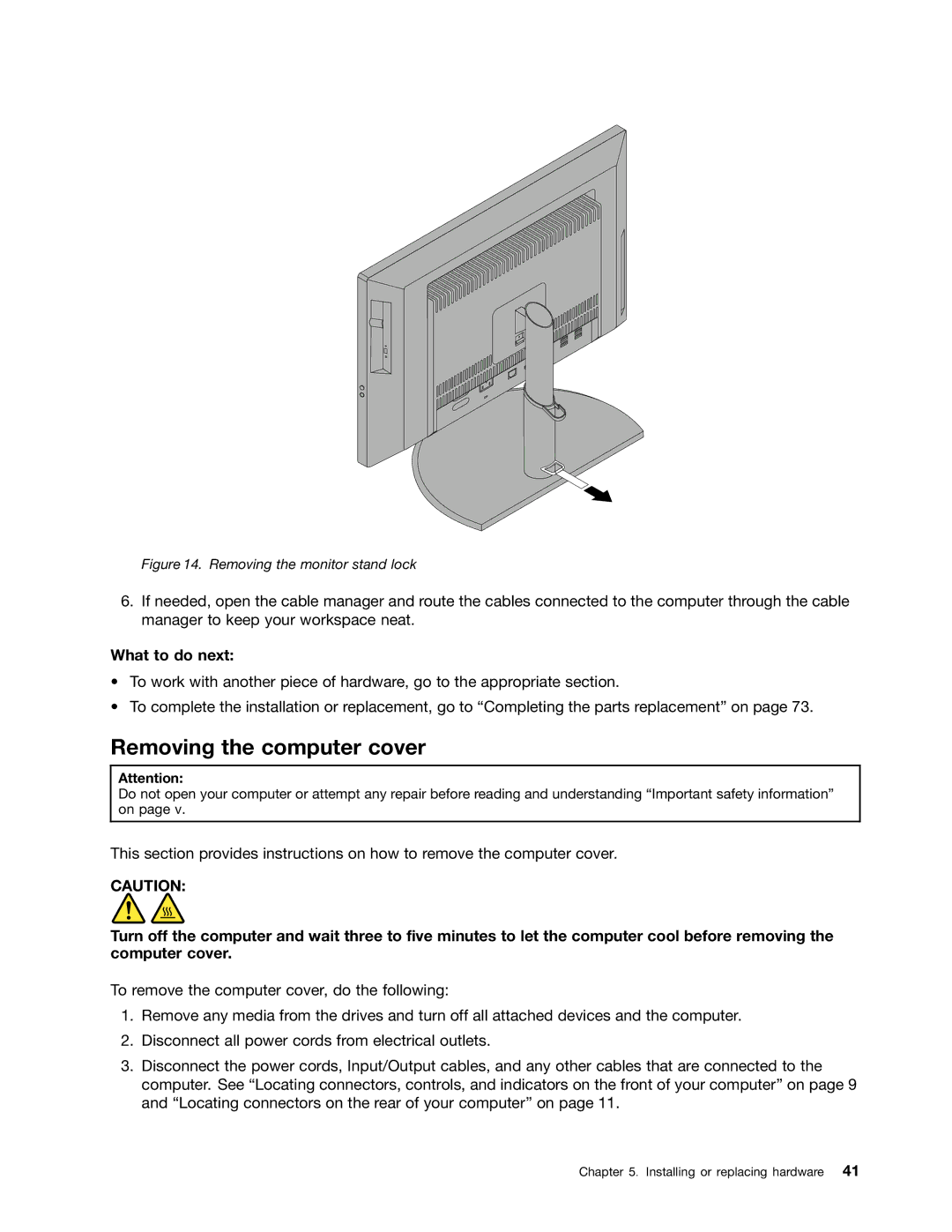 Lenovo 3318, 3281, 3280, 3297, 3305, 3296, 3298, 3292, 3291, 3294 Removing the computer cover, Removing the monitor stand lock 