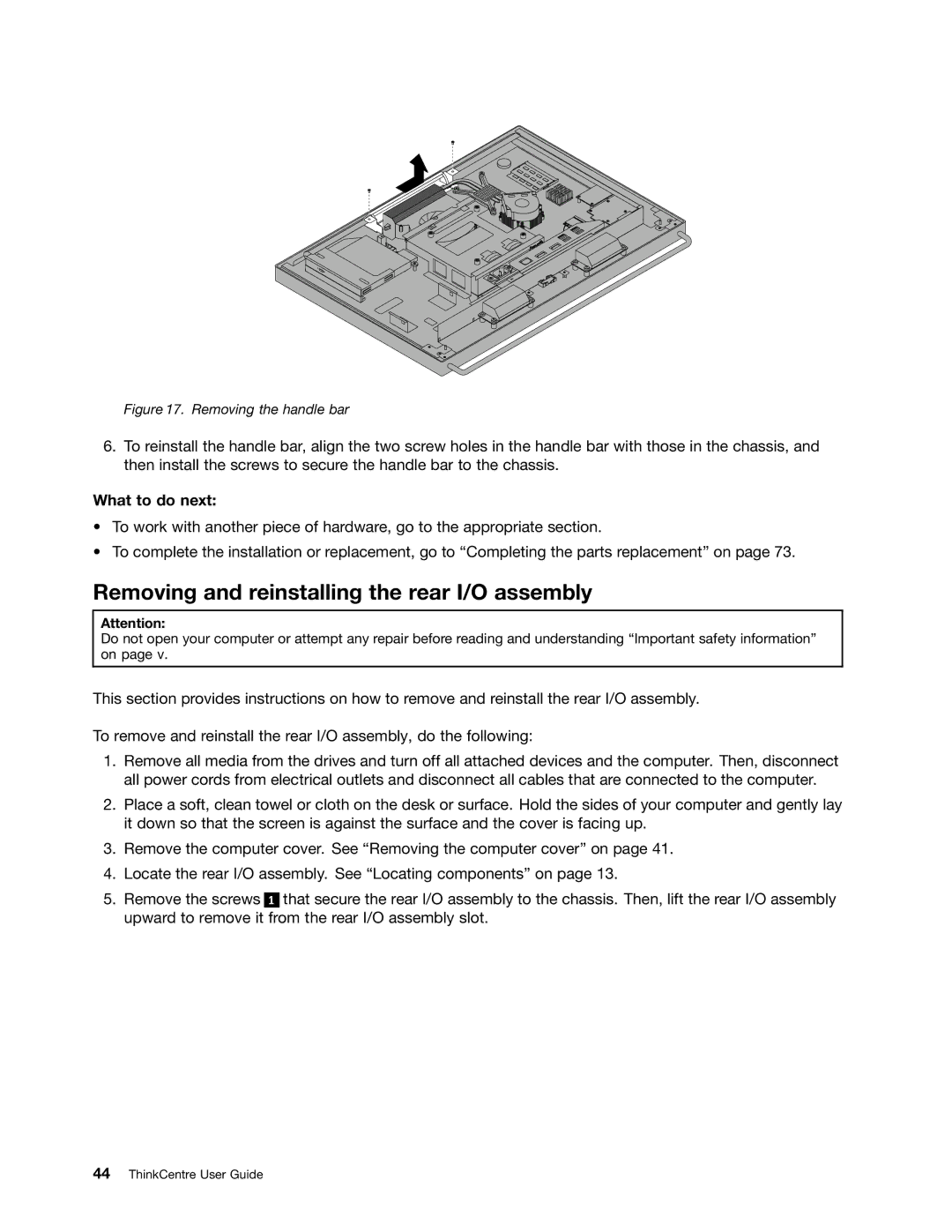 Lenovo 3318E8U, 3281, 3280, 3297, 3305, 3296, 3298 Removing and reinstalling the rear I/O assembly, Removing the handle bar 