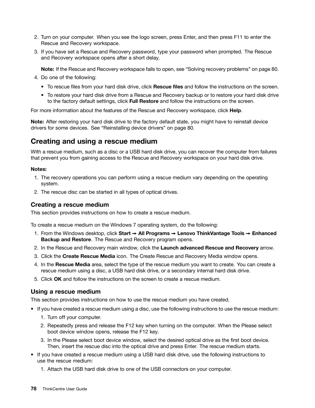 Lenovo 3281, 3280, 3297, 3305, 3296, 3298 Creating and using a rescue medium, Creating a rescue medium, Using a rescue medium 